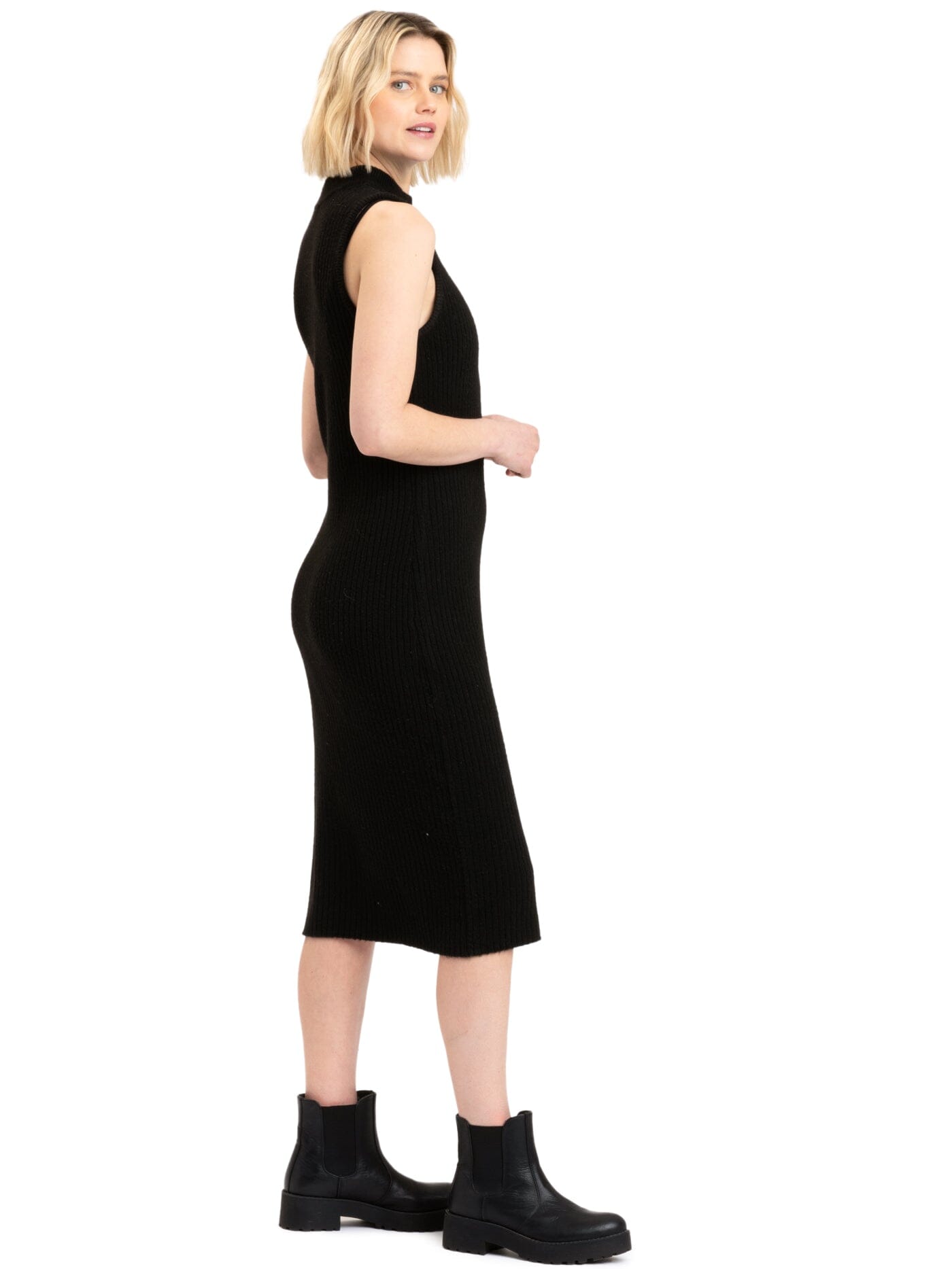 Donika Rib Knit Sleeveless Turtleneck Midi Dress in Black