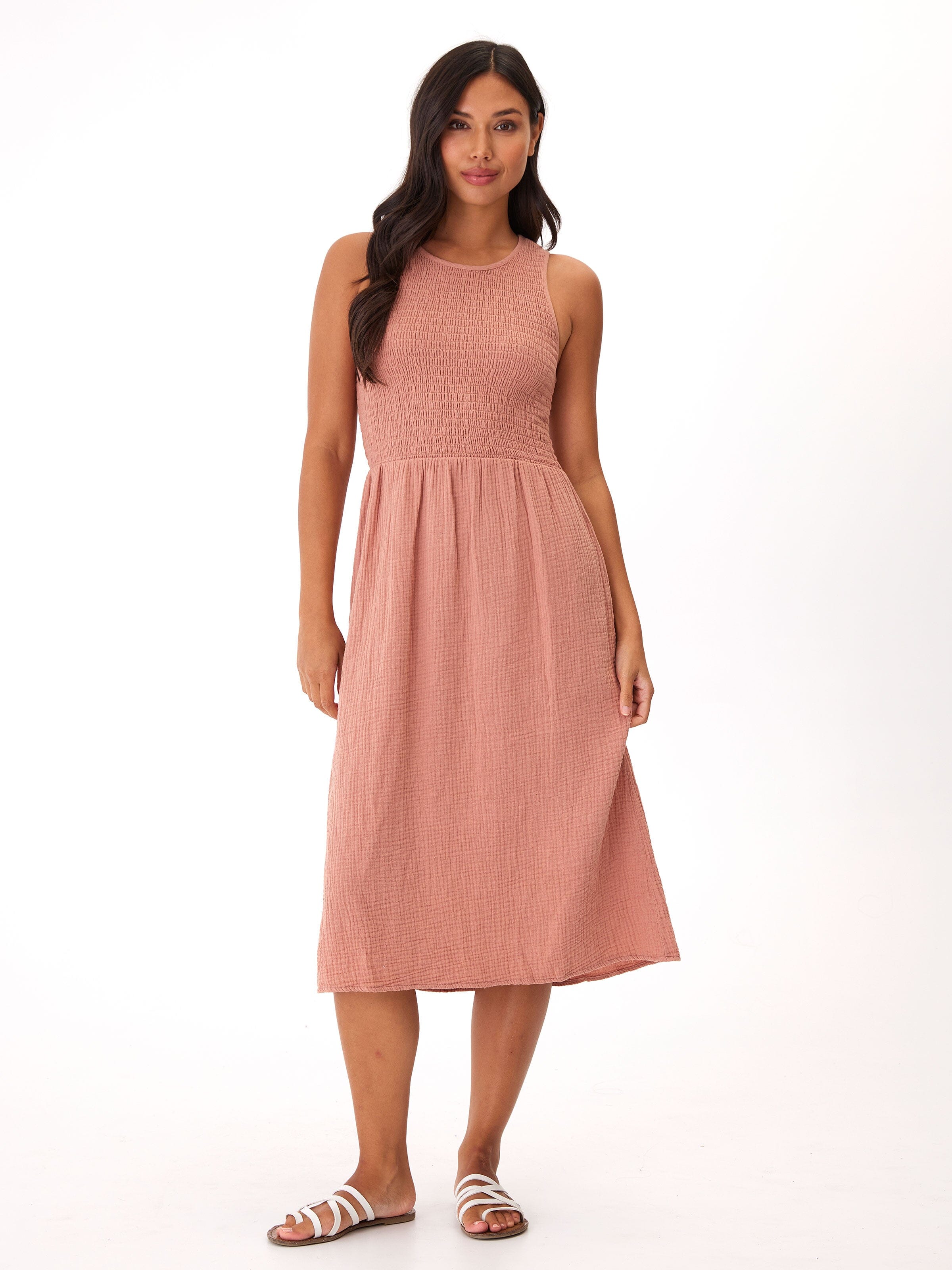 Adrienne Smocked Midi Dress in Dusty Rose