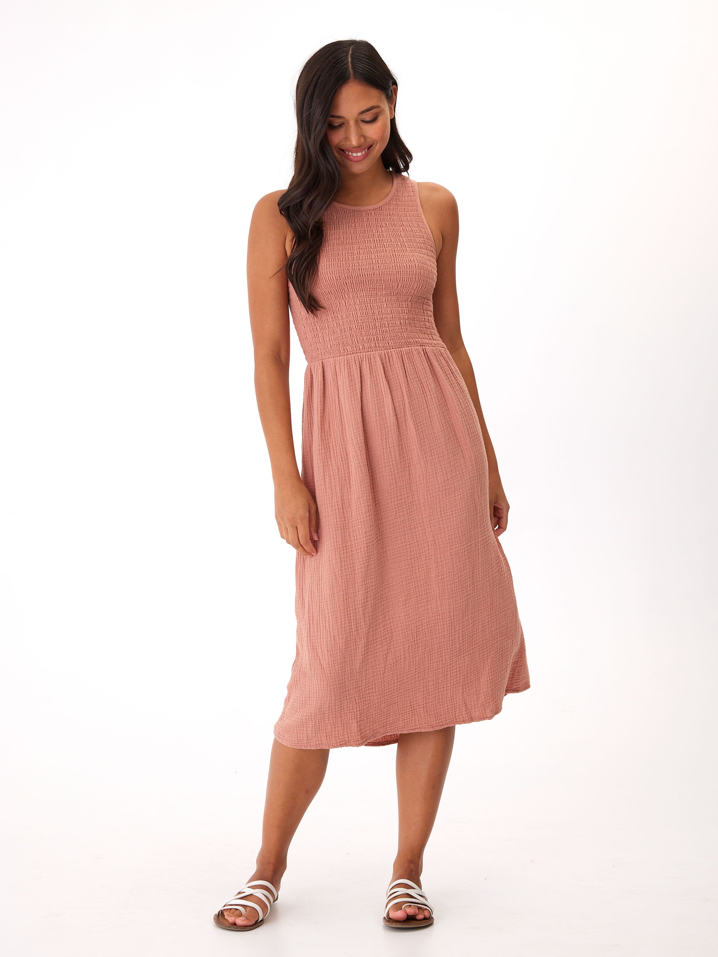 Adrienne Smocked Midi Dress in Dusty Rose
