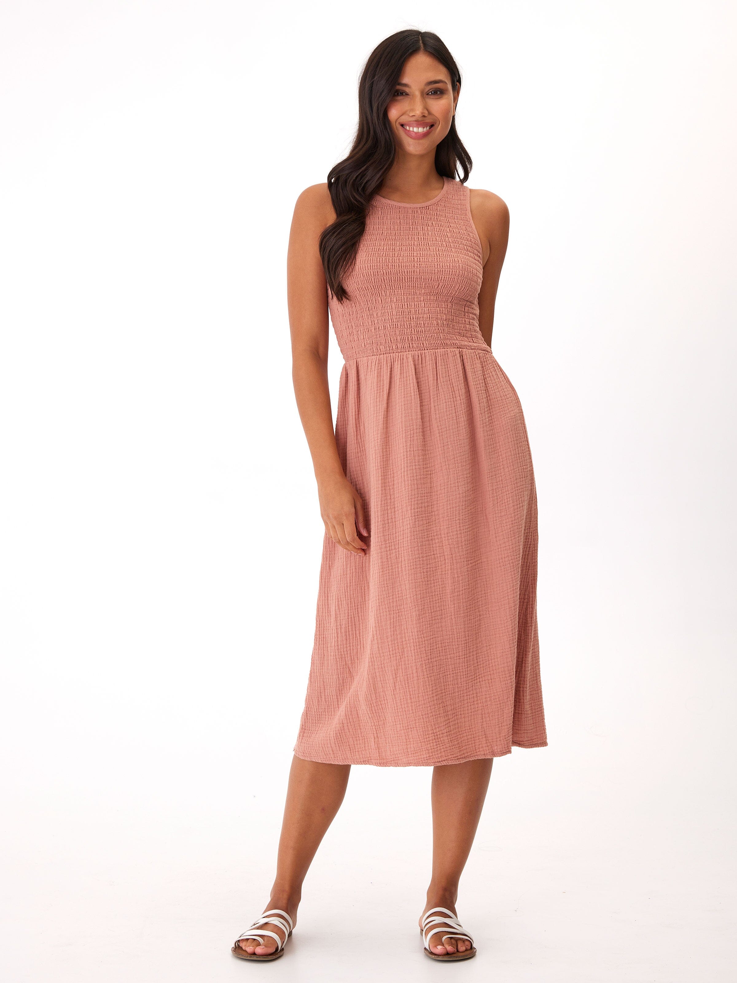 Adrienne Smocked Midi Dress in Dusty Rose