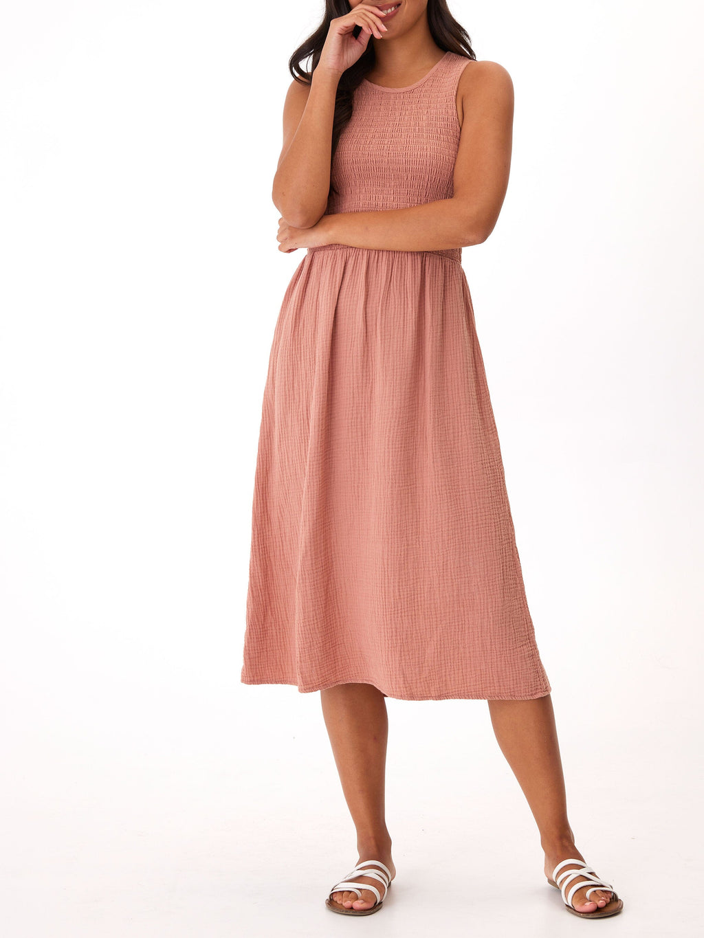 Adrienne Smocked Midi Dress in Dusty Rose