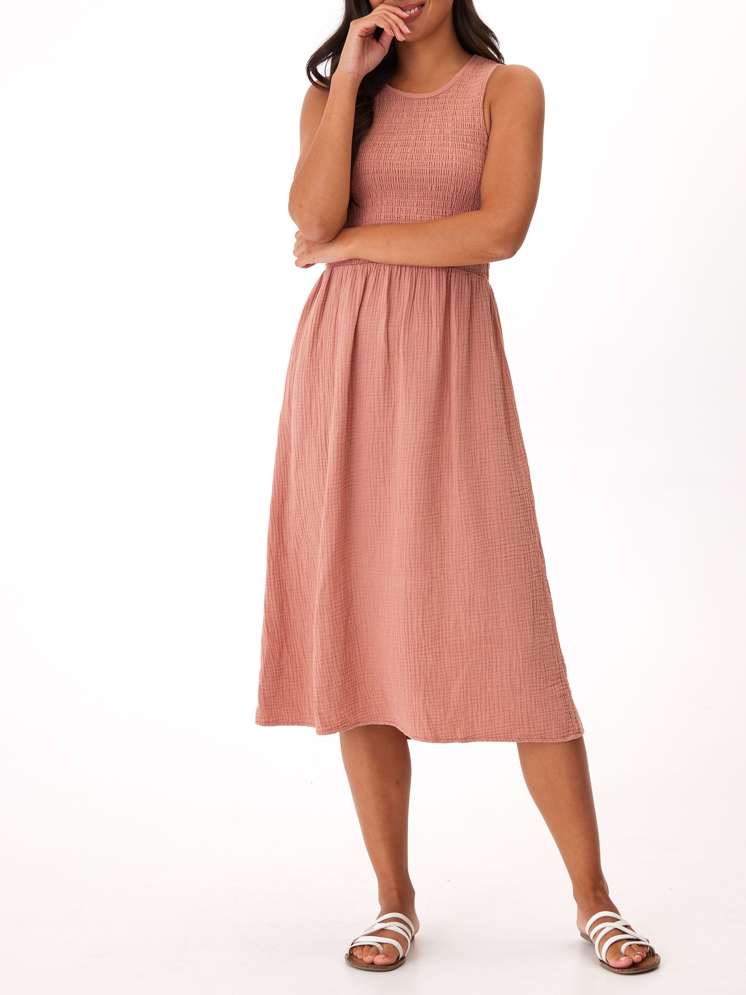 Adrienne Smocked Midi Dress in Dusty Rose
