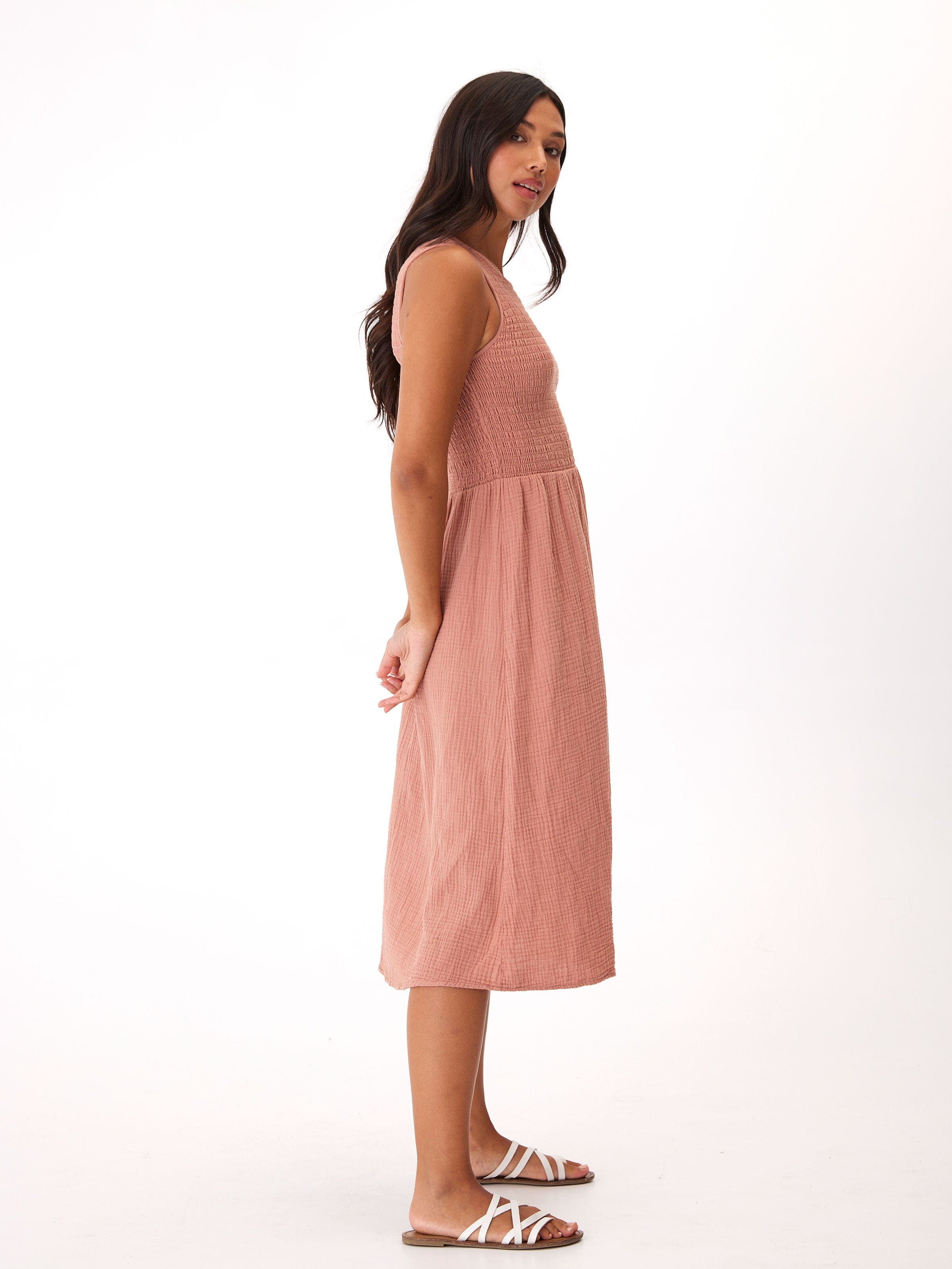 Adrienne Smocked Midi Dress in Dusty Rose