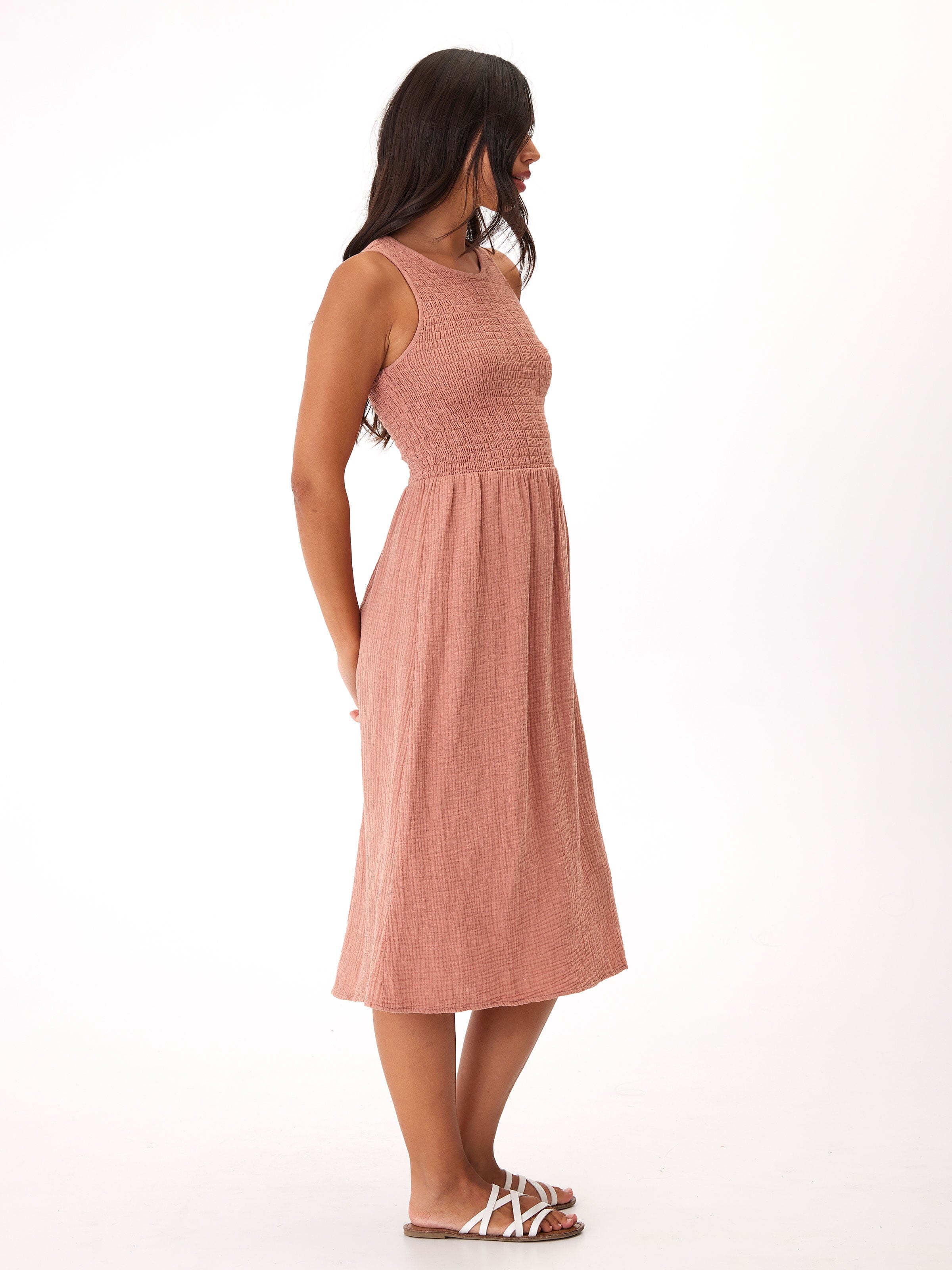 Adrienne Smocked Midi Dress in Dusty Rose