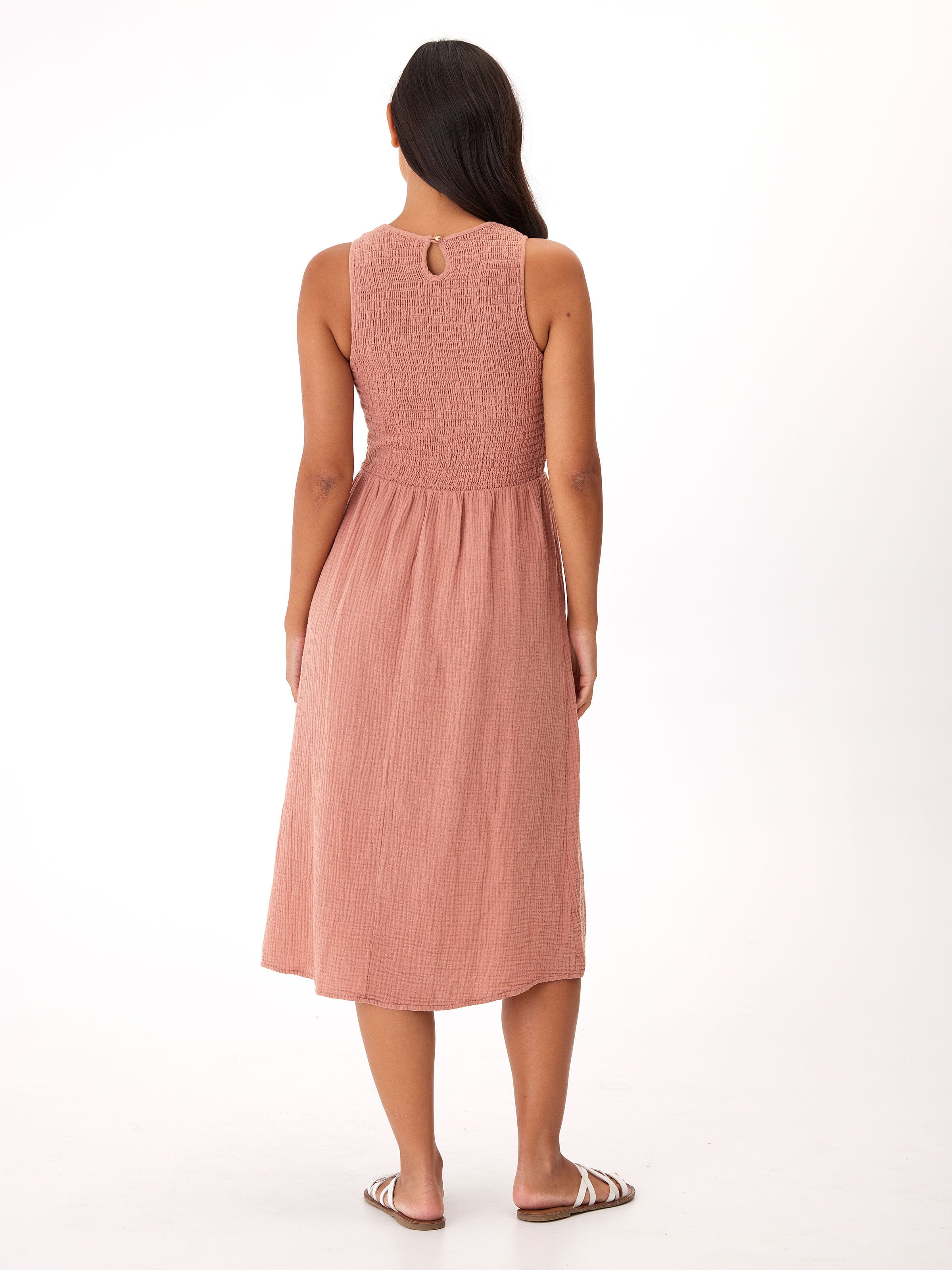 Adrienne Smocked Midi Dress in Dusty Rose
