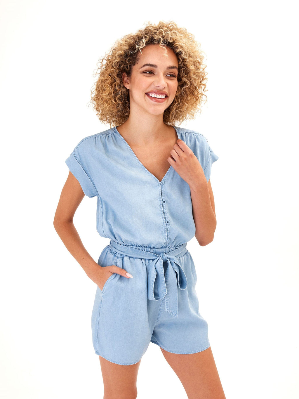 Finnsley Chambray Romper in Light Blue - Soft Tencel One-Piece