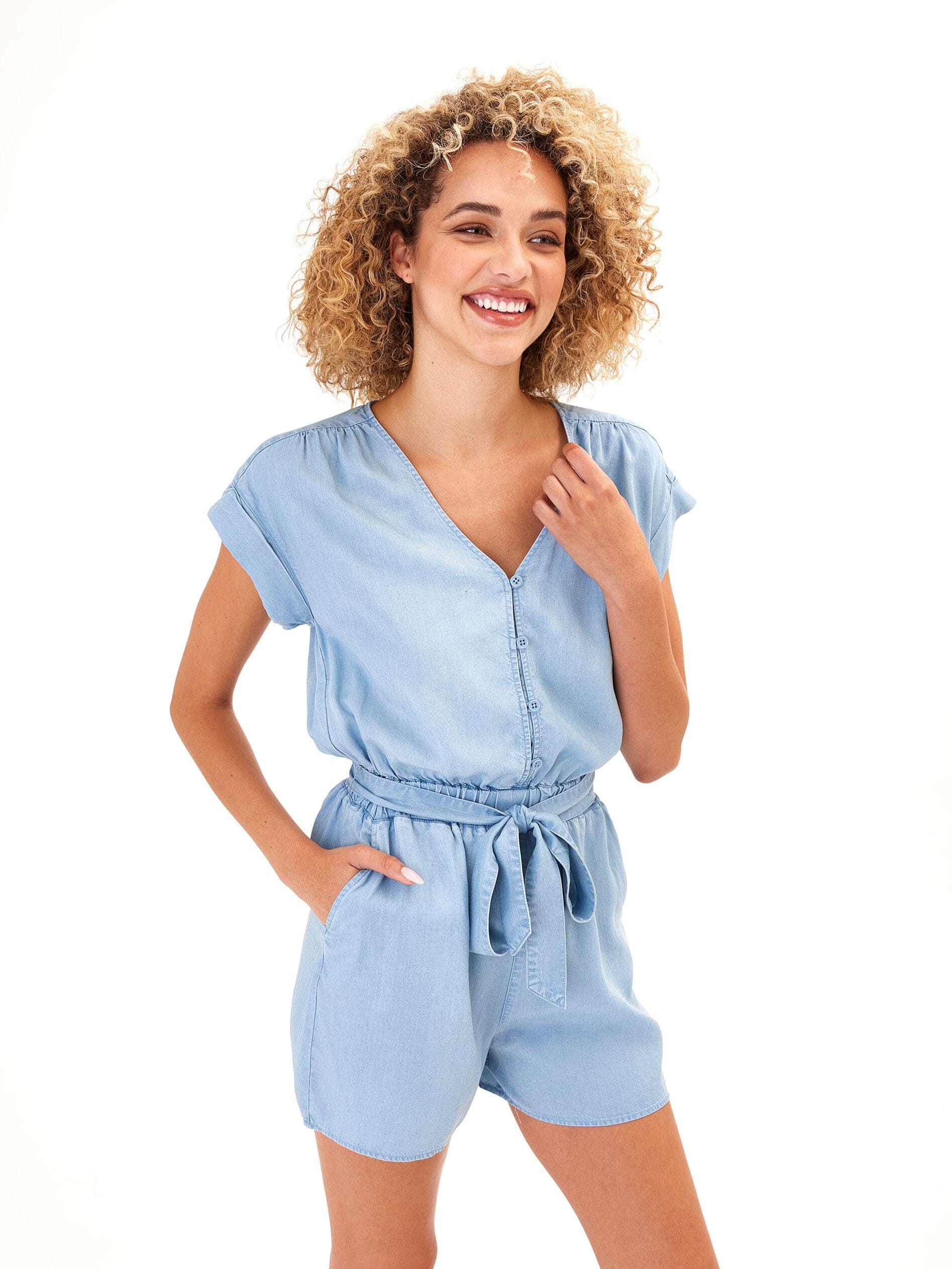 Finnsley Chambray Romper in Light Blue - Soft Tencel One-Piece