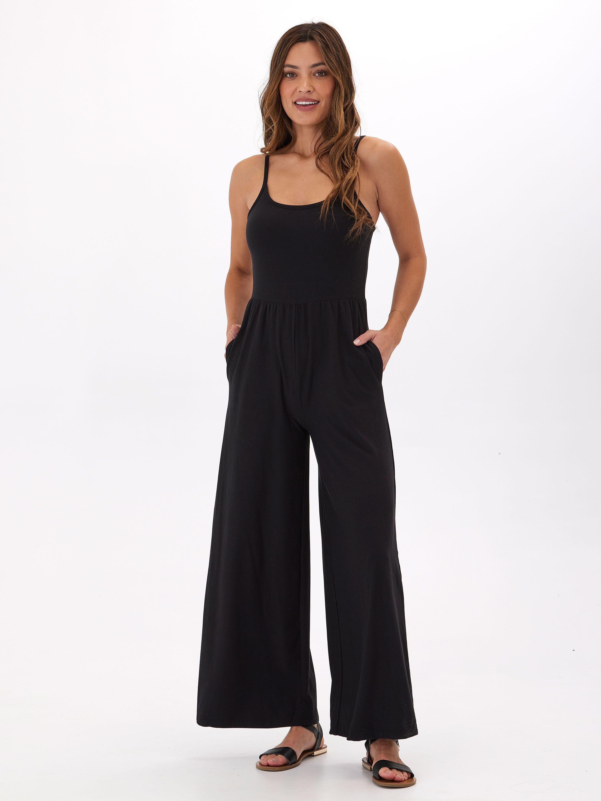 Tansie Luxe Jersey Wide-Leg Jumpsuit in Black - Sleeveless Scoop