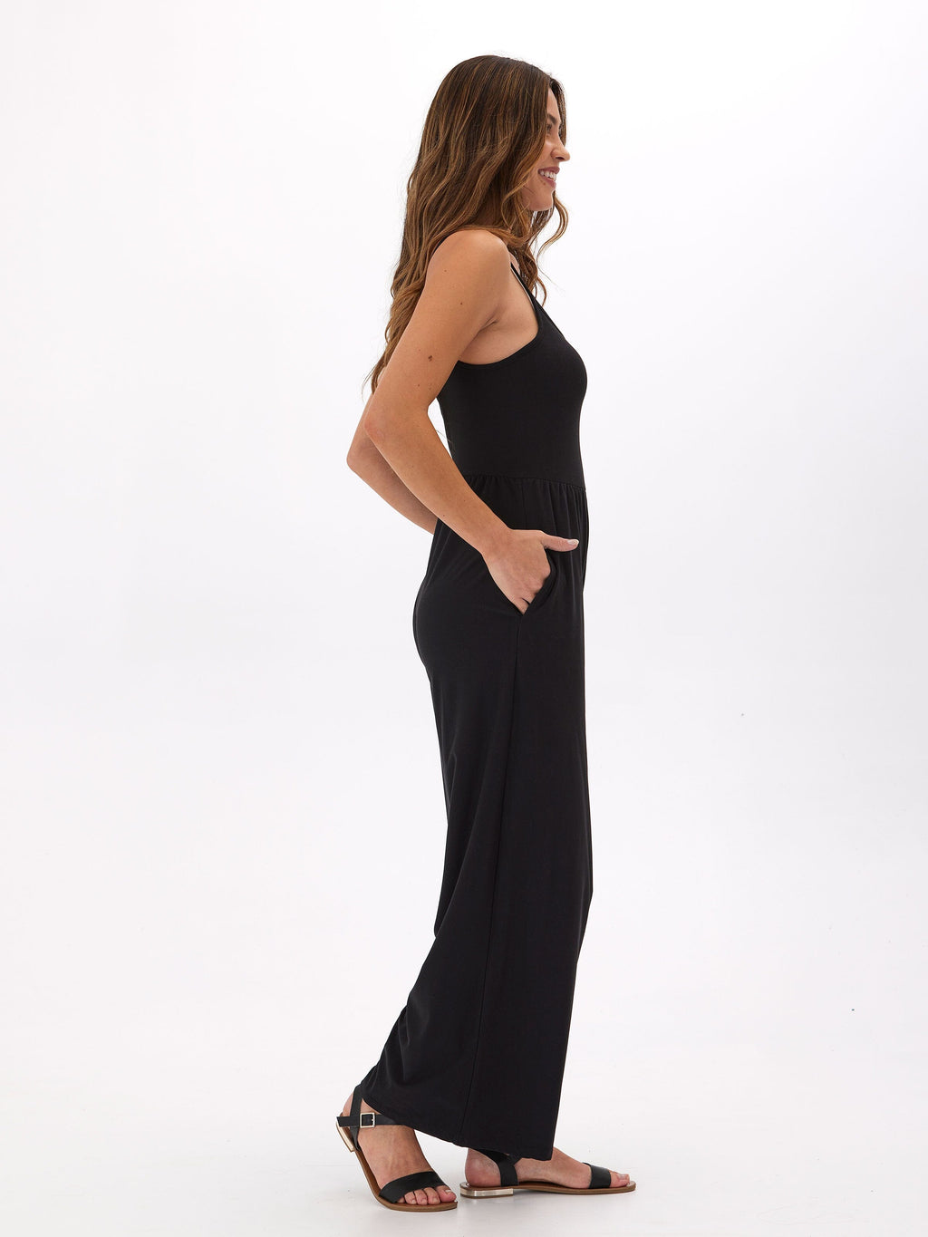 Tansie Luxe Jersey Wide-Leg Jumpsuit in Black - Sleeveless Scoop