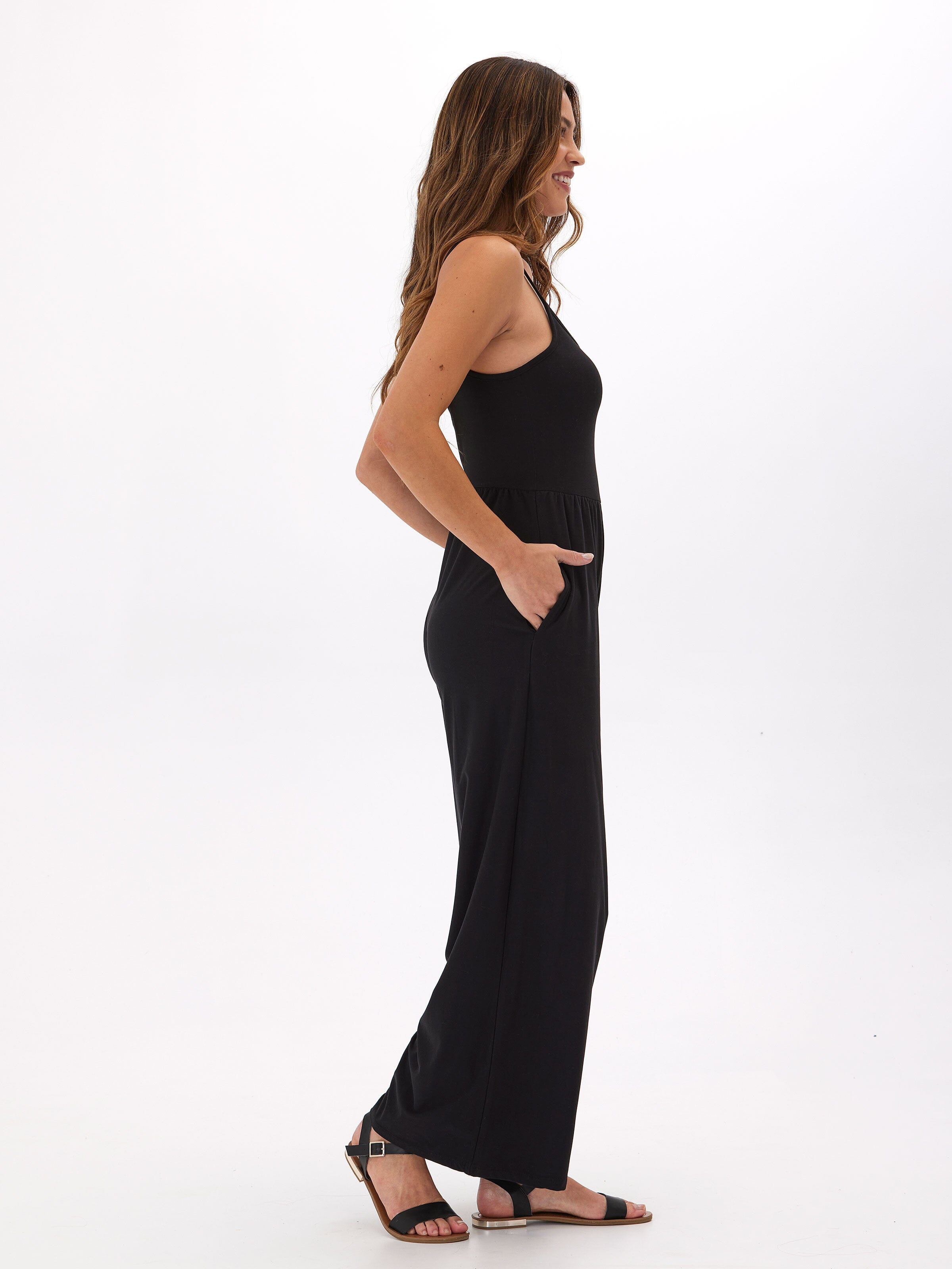 Tansie Luxe Jersey Wide-Leg Jumpsuit in Black - Sleeveless Scoop
