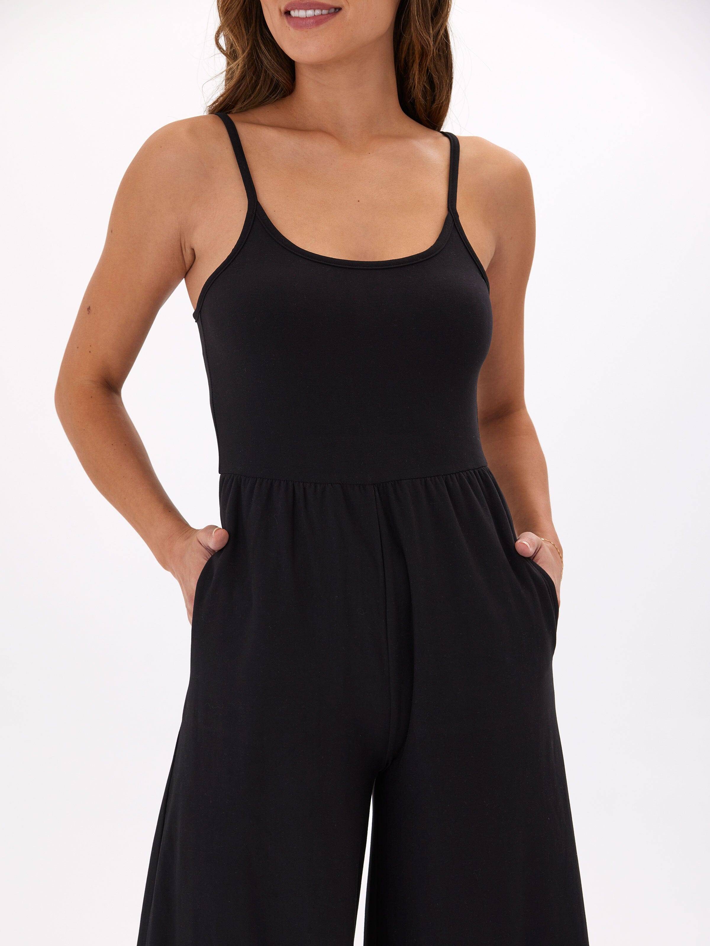 Tansie Luxe Jersey Wide-Leg Jumpsuit in Black - Sleeveless Scoop