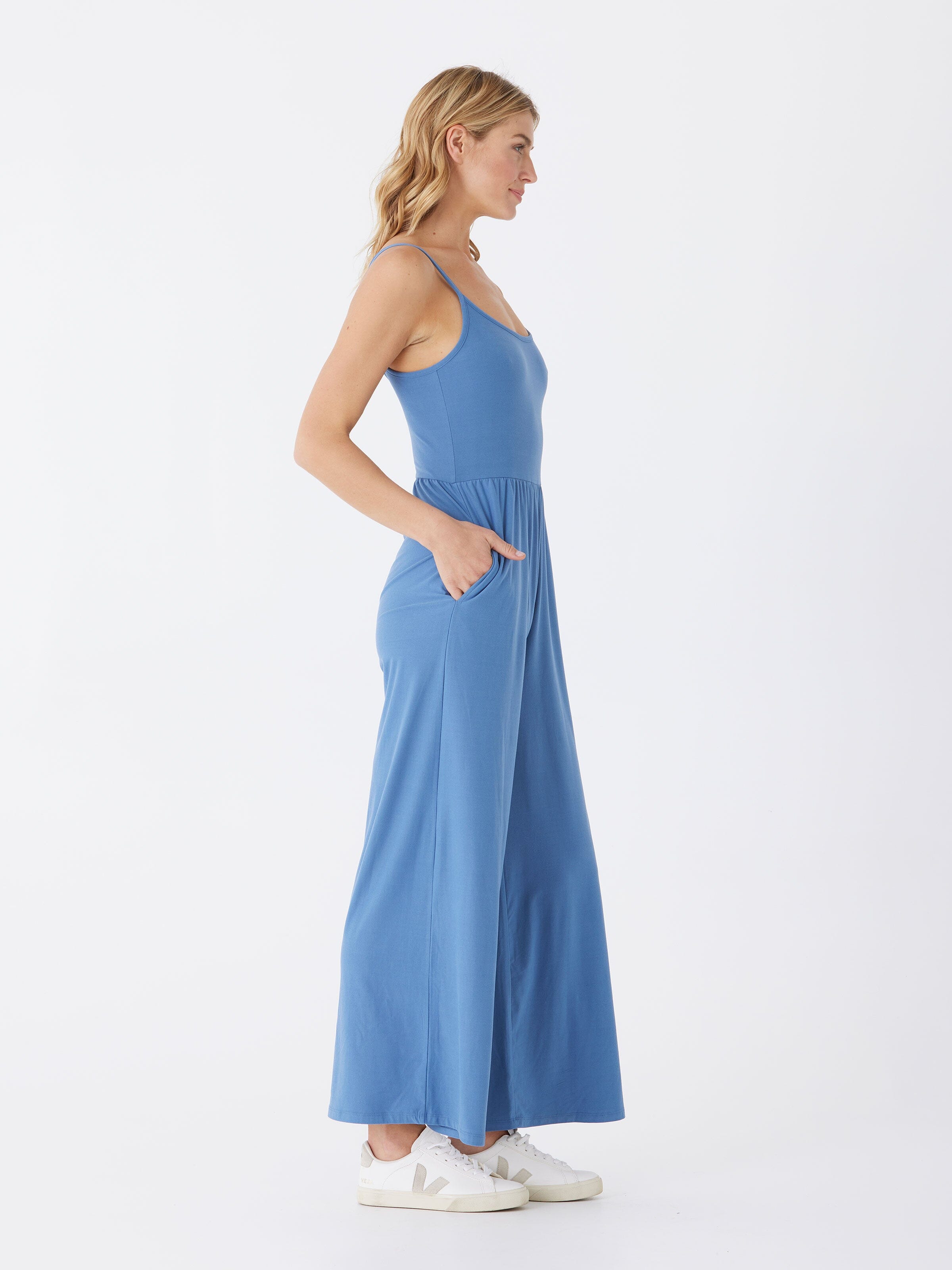 Tansie Luxe Jersey Wide-Leg Jumpsuit in Dusty Sky Blue