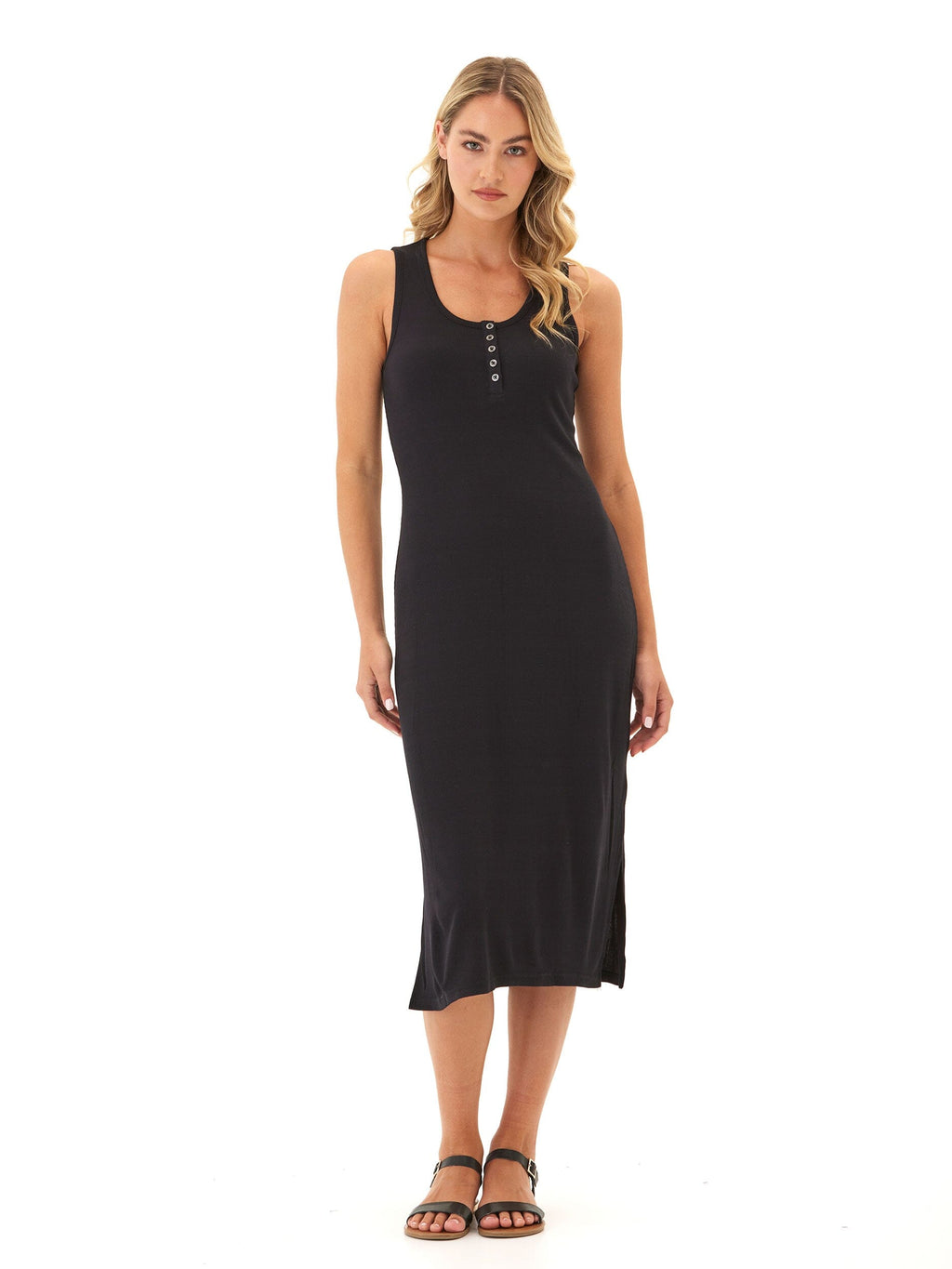 Feather Rib Henley Tank Dress - Soft Stretchy Midi