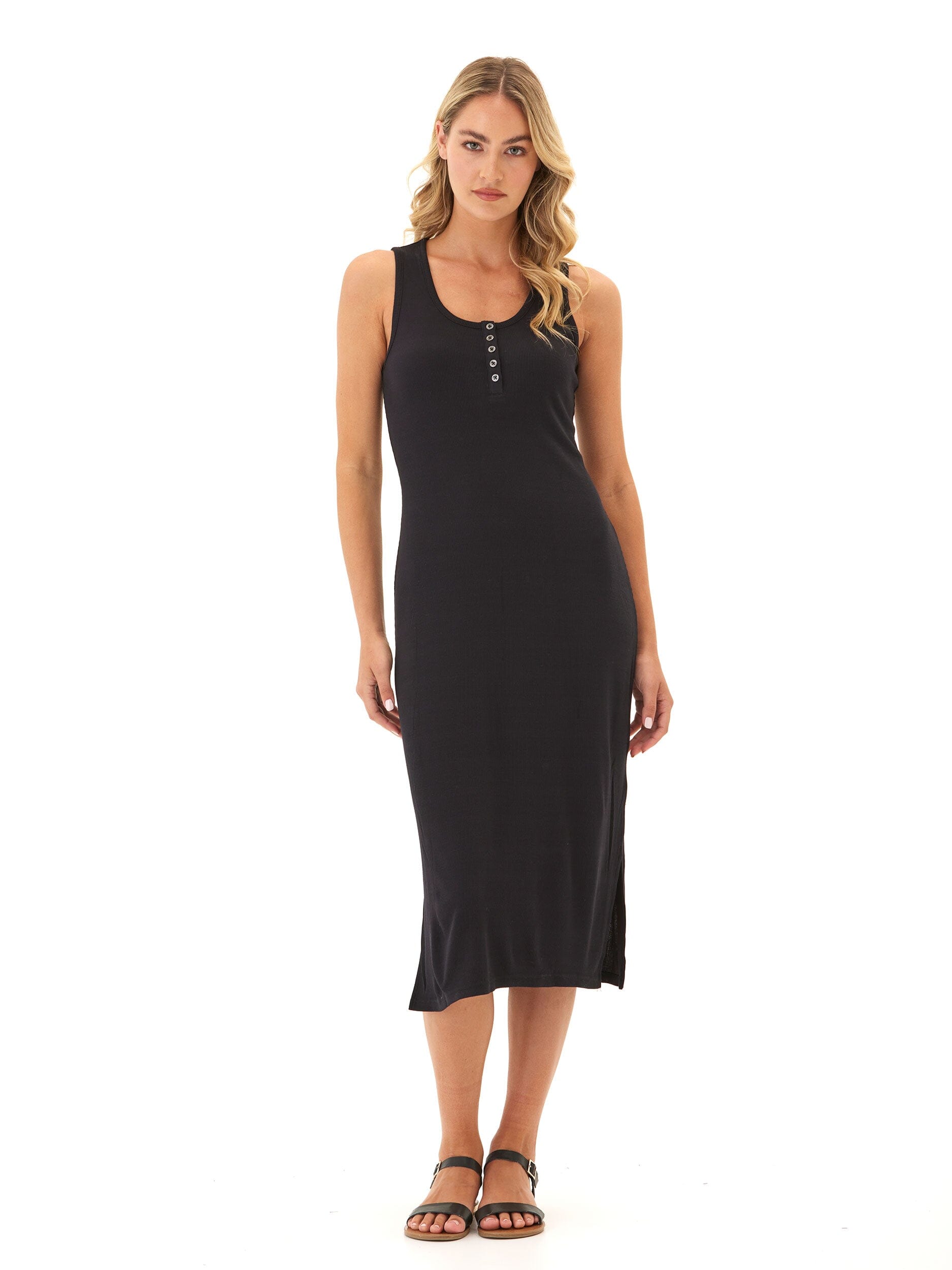 Feather Rib Henley Tank Dress - Soft Stretchy Midi