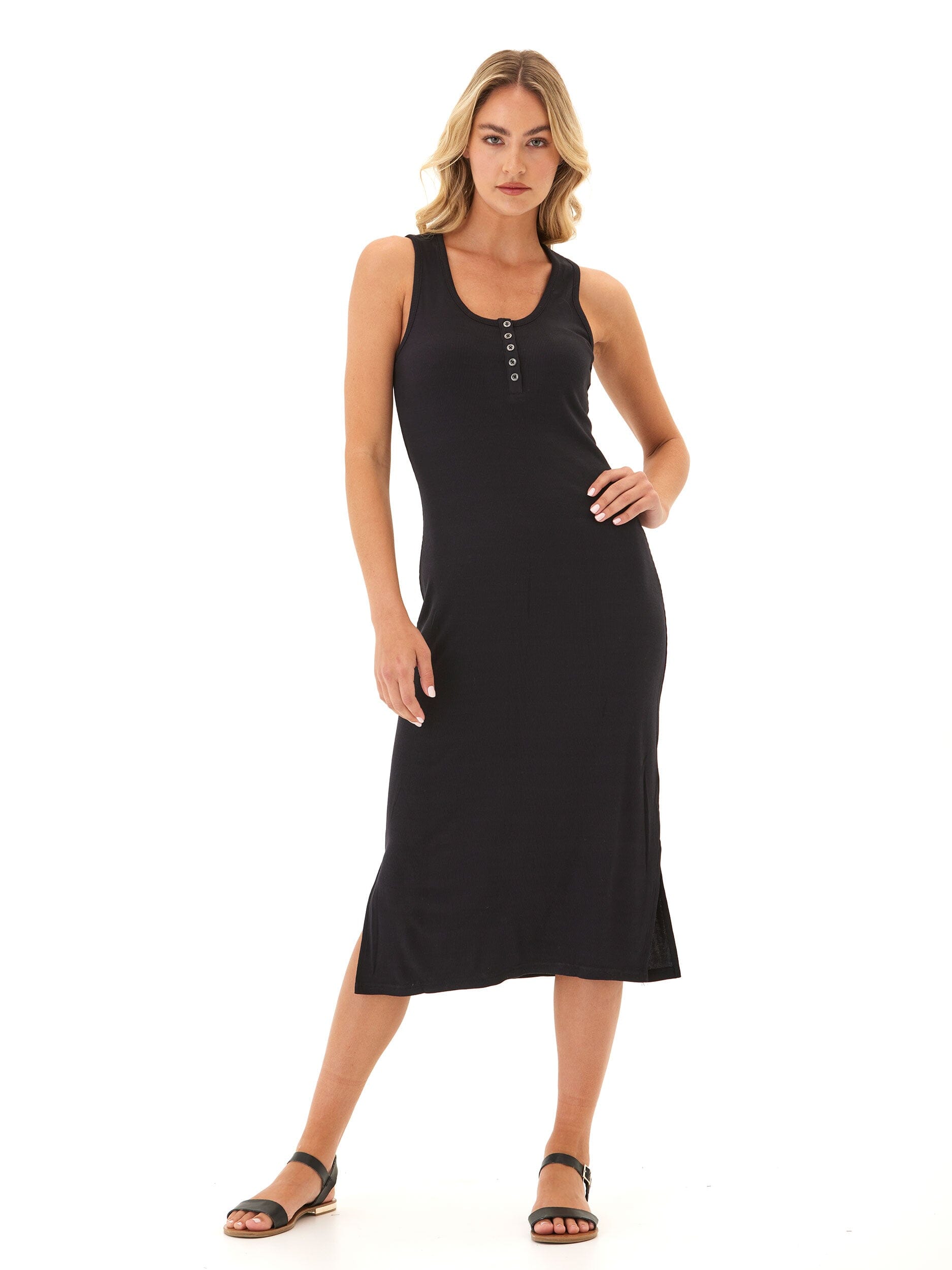 Feather Rib Henley Tank Dress - Soft Stretchy Midi