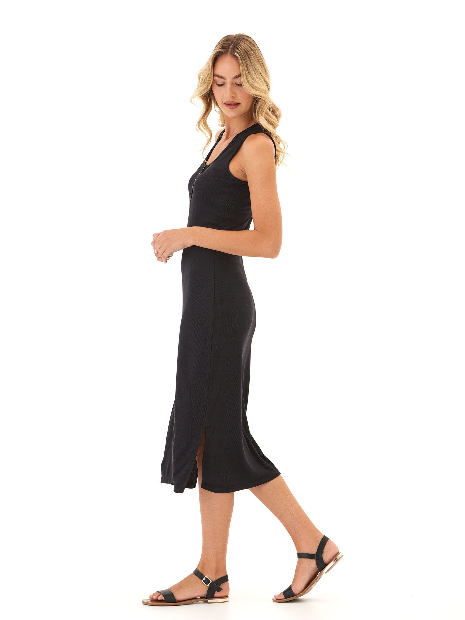 Feather Rib Henley Tank Dress - Soft Stretchy Midi