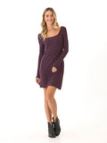 Close-up of a dark purple ribbed knit square neck dress with a soft texture