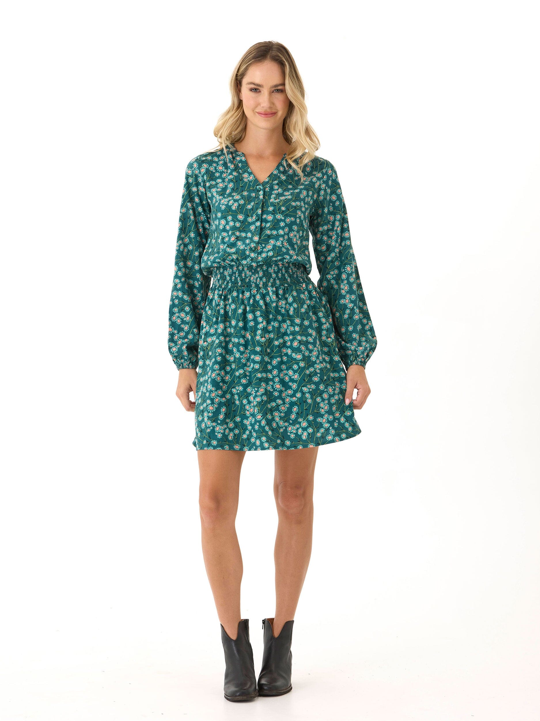 Vintage Floral Print Button-Front Smocked Dress in Teal and Peach
