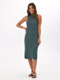 Model wearing a Umi high neck ribbed midi dress in a comfortable, stretchy fit.