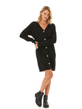 Model wearing the Lilianna Cozy Rib Cardigan Sweater Dress featuring a relaxed fit and ribbed knit texture