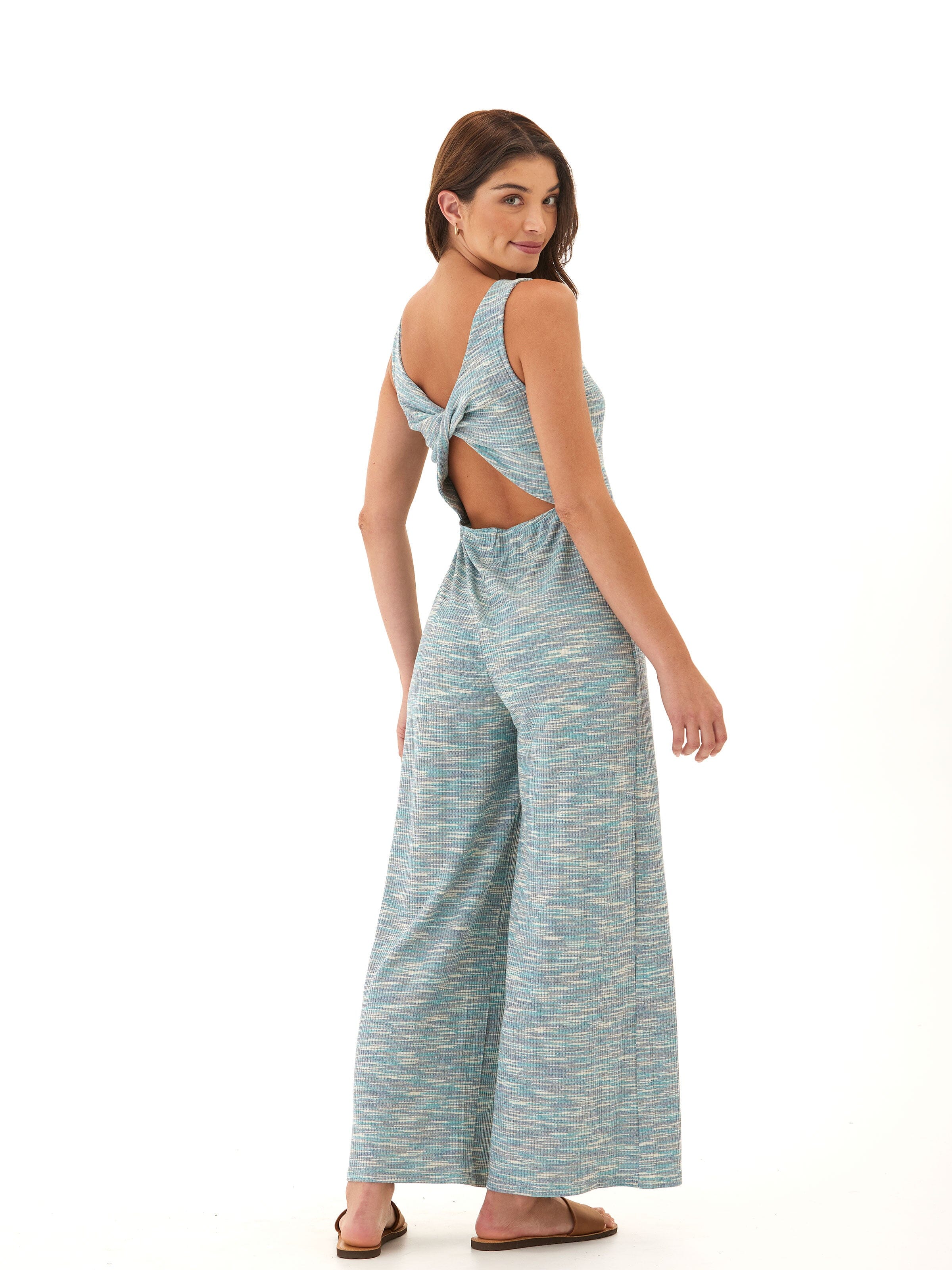 Ayesha marble rib twist jumpsuit in teal and white with wide-leg silhouette and sleeveless design.
