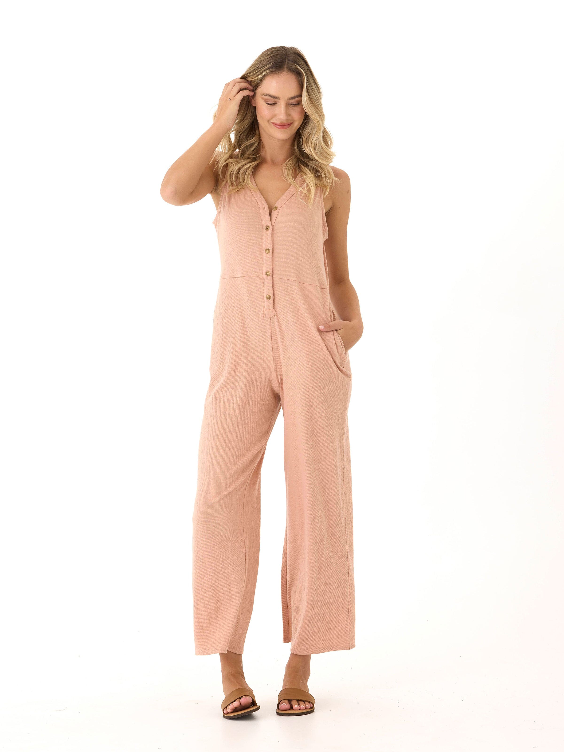 Women’s Blush Pink and Nude Smocked Jersey Jumpsuit