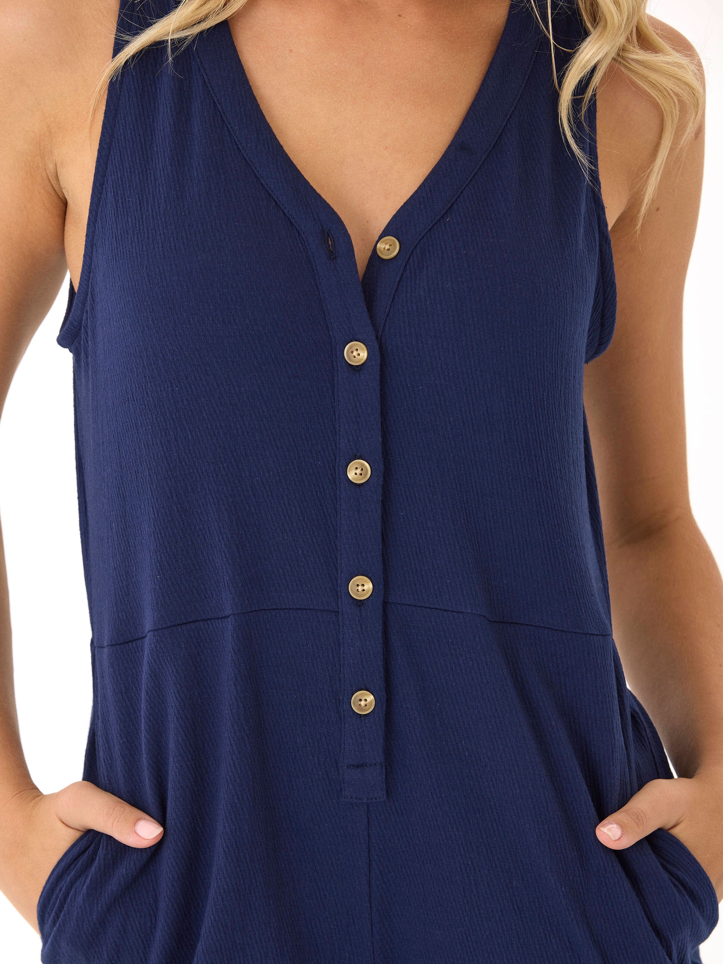 Women’s Navy Blue Smocked Jersey Wide-Leg Jumpsuit