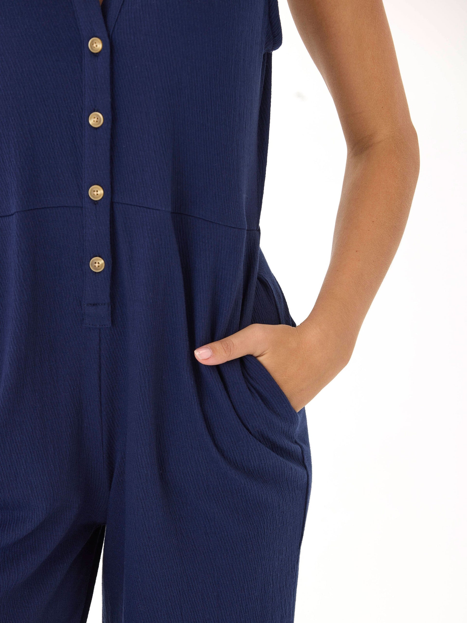 Women’s Navy Blue Smocked Jersey Wide-Leg Jumpsuit