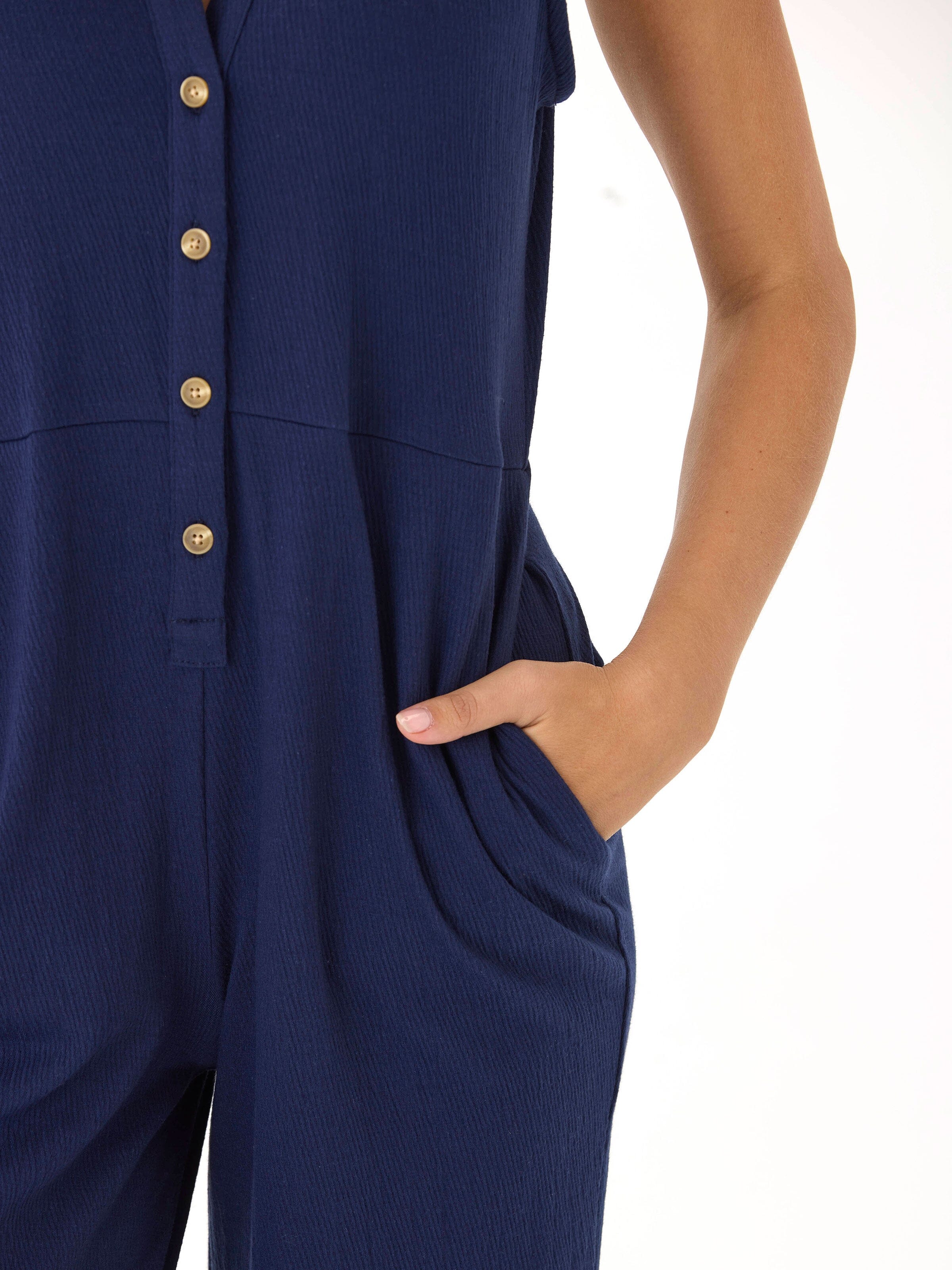 Women’s Navy Blue Smocked Jersey Wide-Leg Jumpsuit