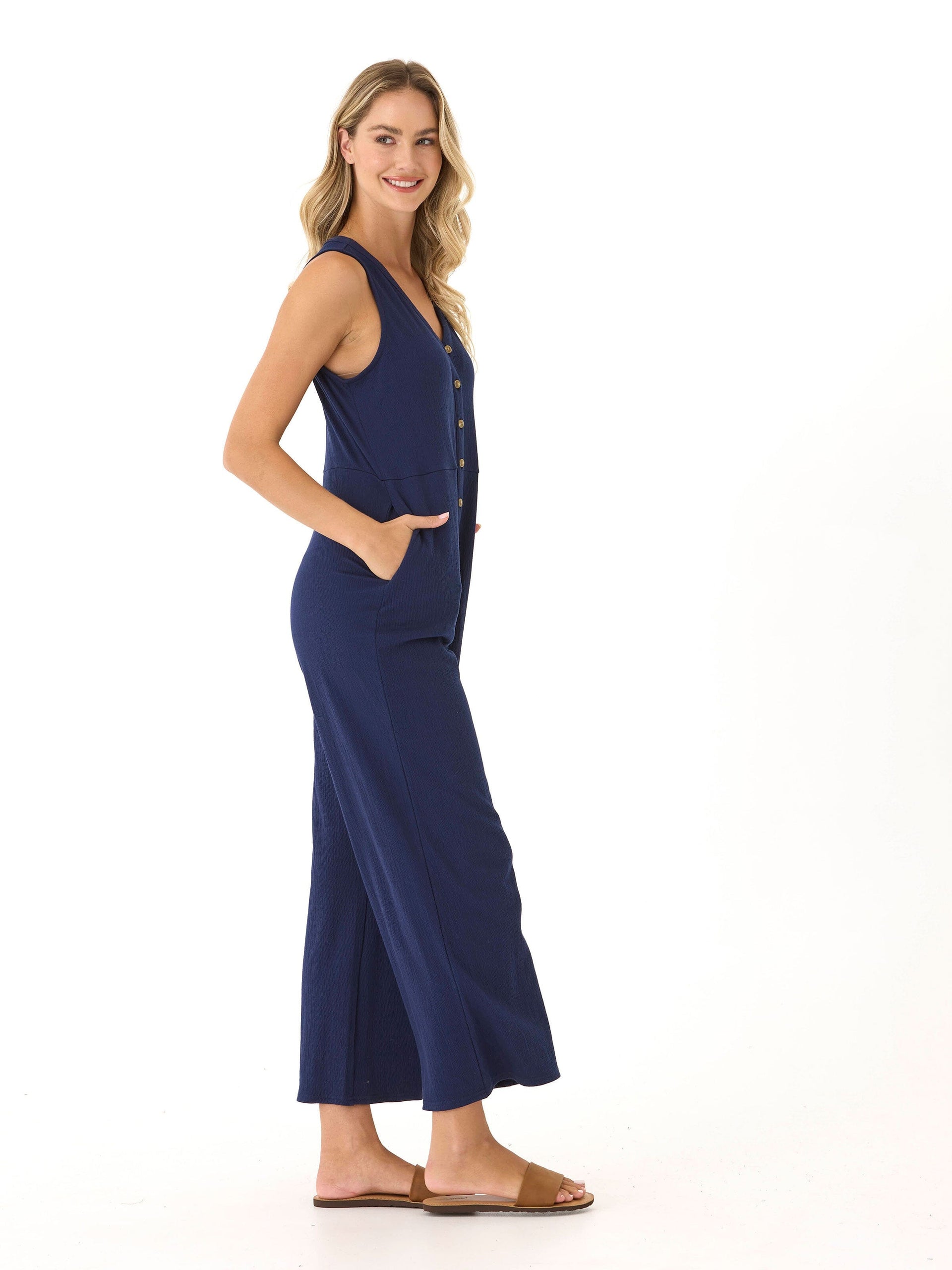 Women’s Navy Blue Smocked Jersey Wide-Leg Jumpsuit