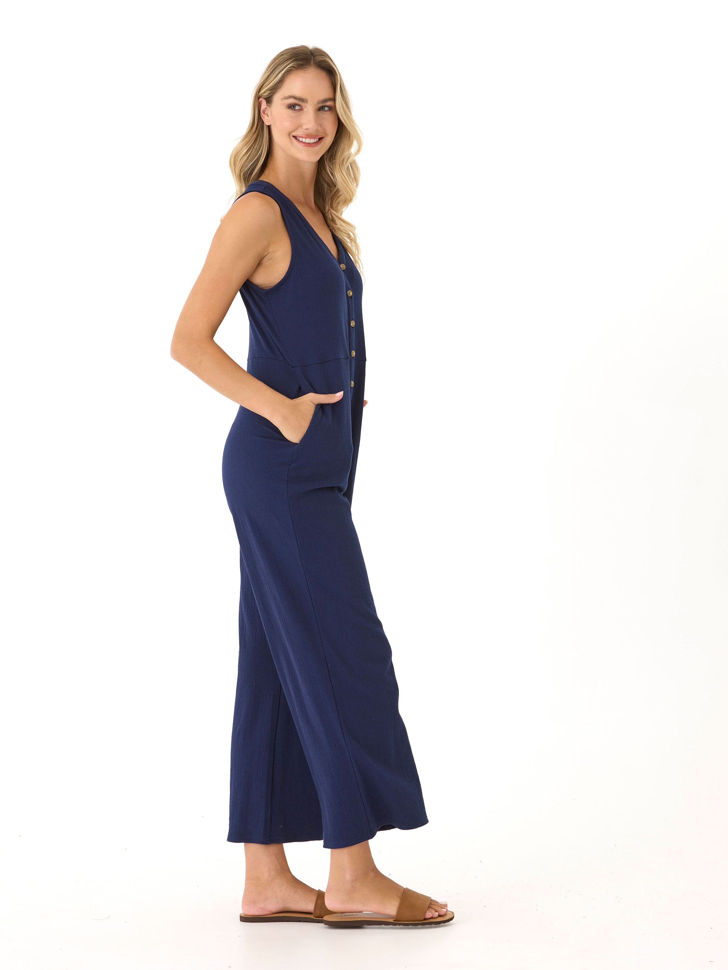 Women’s Navy Blue Smocked Jersey Wide-Leg Jumpsuit
