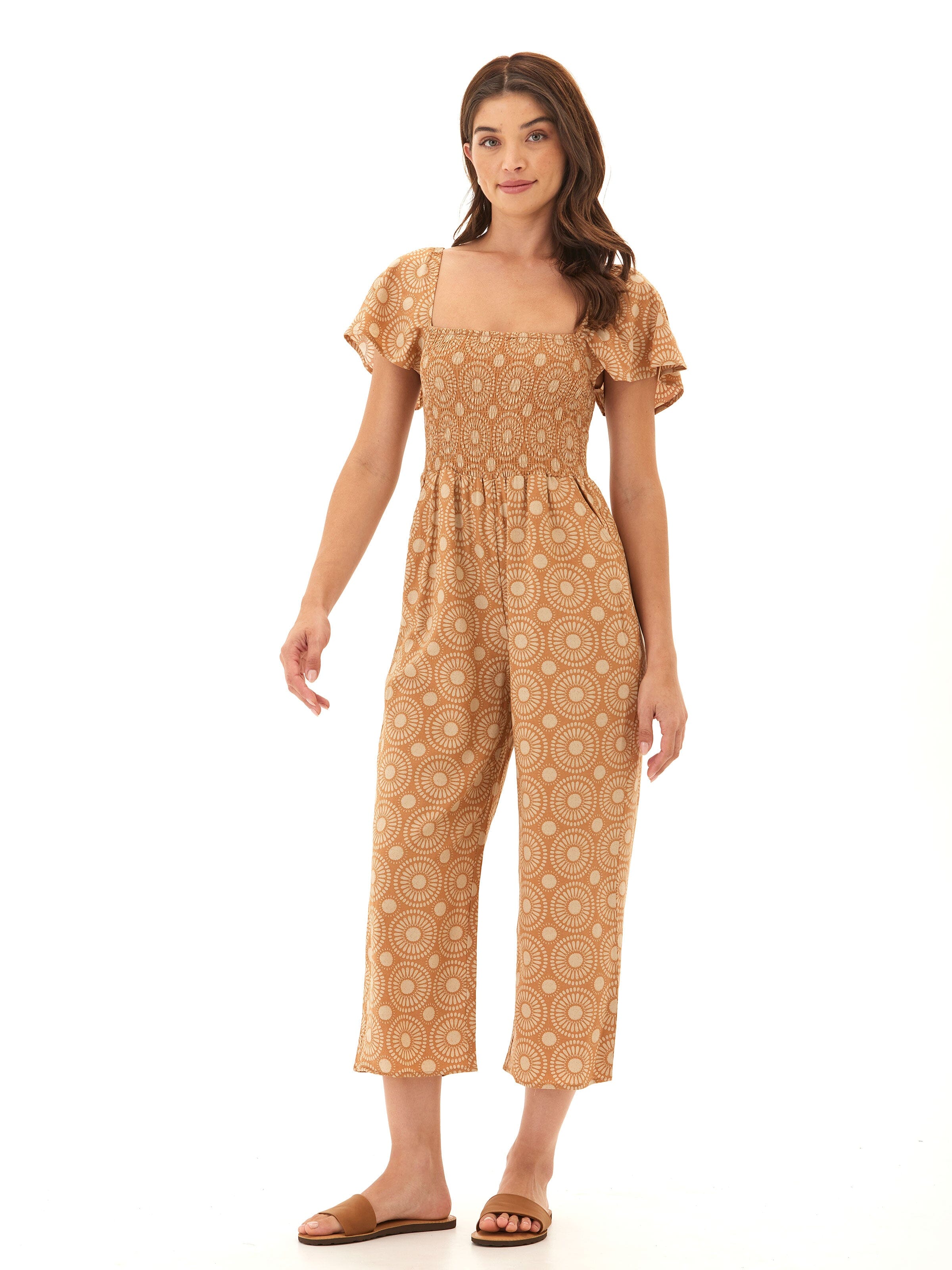 Lucille Medallion Print Woven Jumpsuit with Flutter Sleeves
