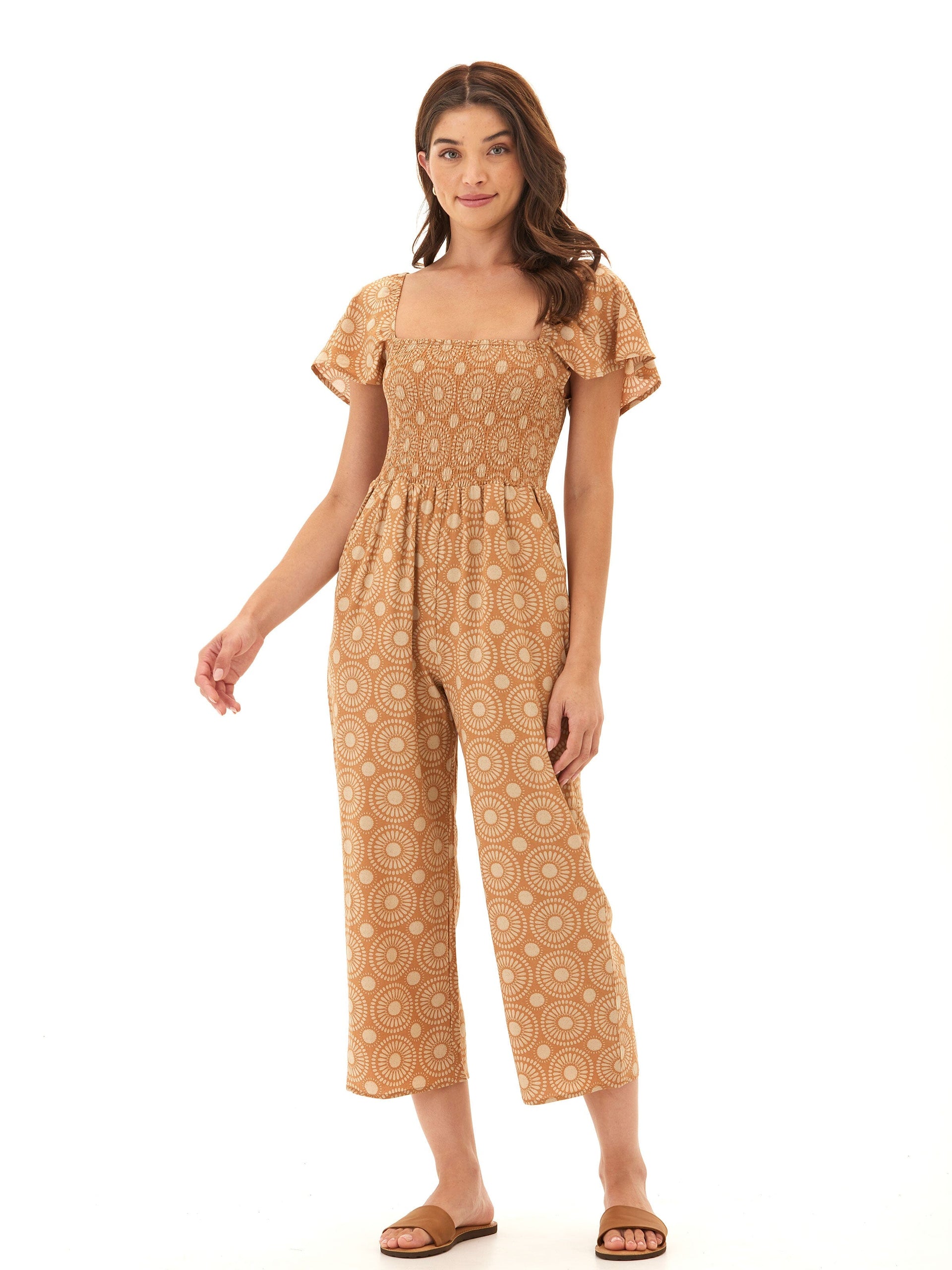 Lucille Medallion Print Woven Jumpsuit with Flutter Sleeves