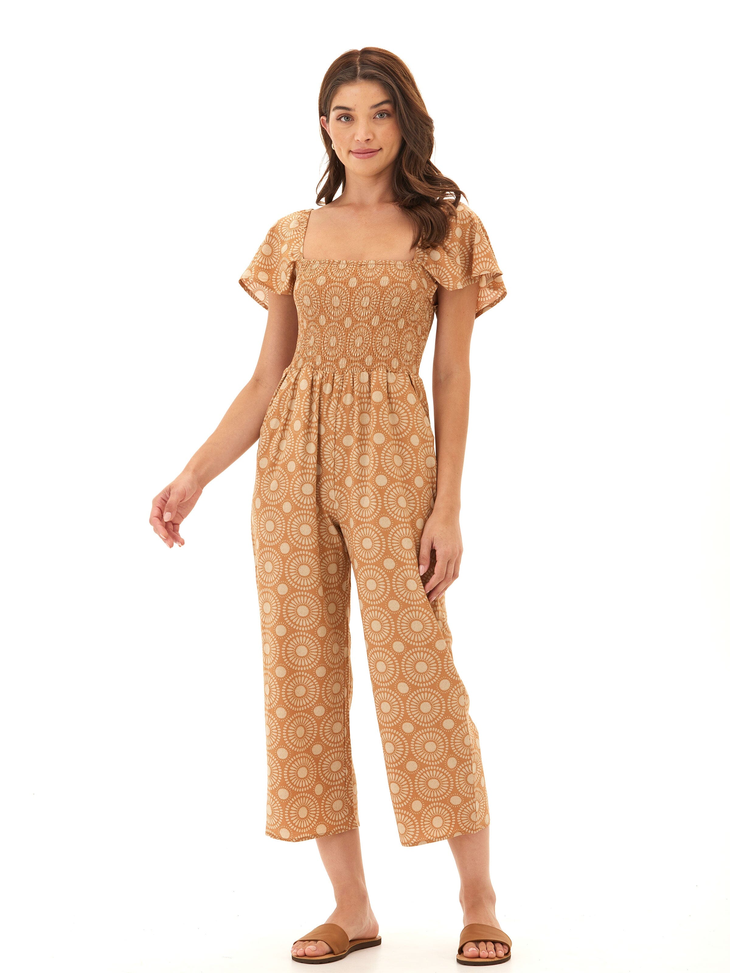 Lucille Medallion Print Woven Jumpsuit with Flutter Sleeves