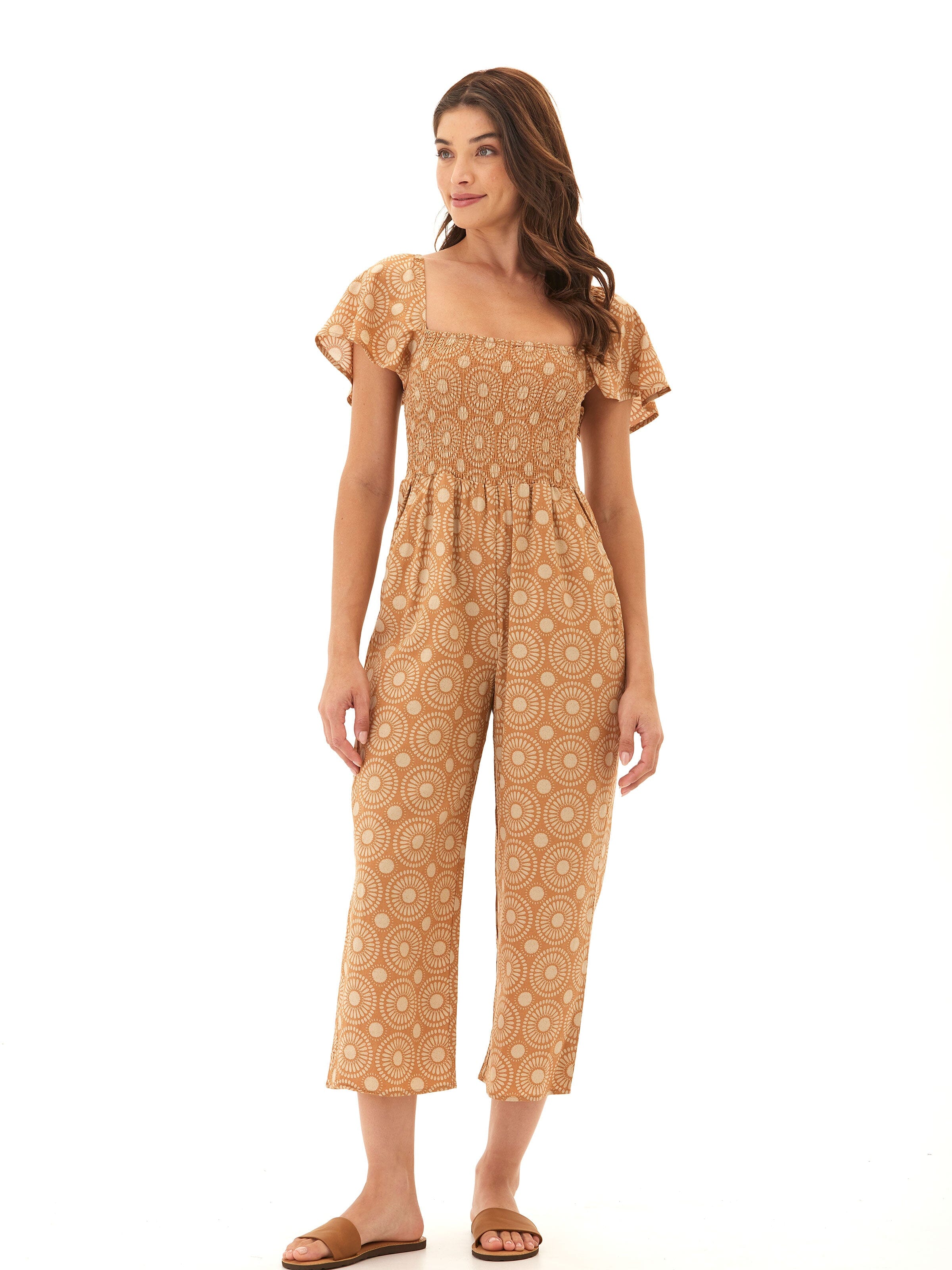 Lucille Medallion Print Woven Jumpsuit with Flutter Sleeves