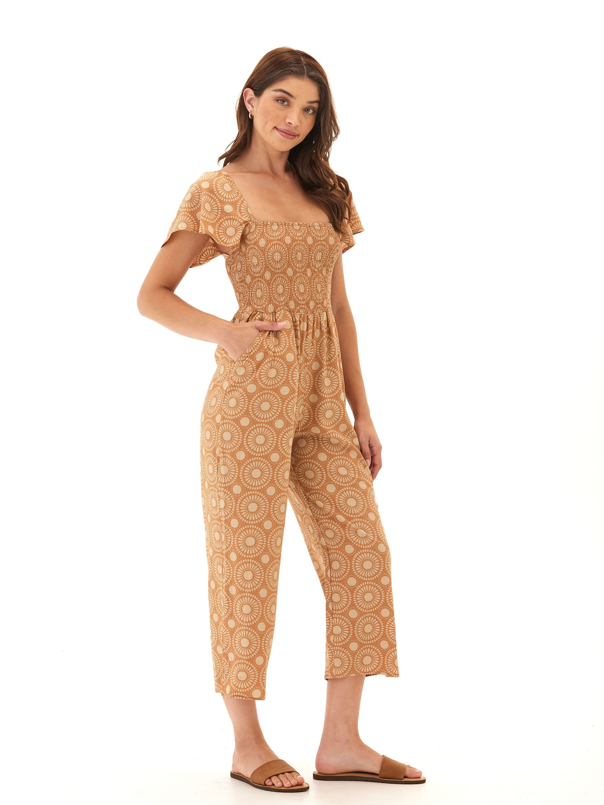 Lucille Medallion Print Woven Jumpsuit with Flutter Sleeves