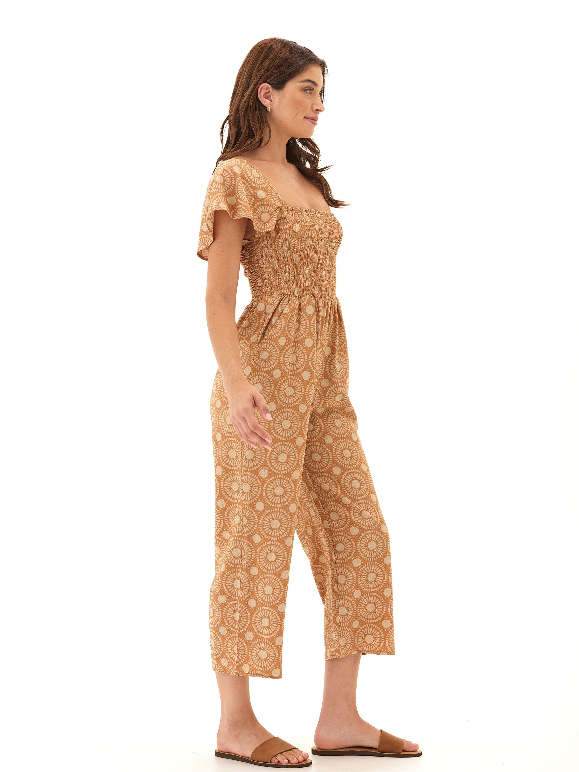 Lucille Medallion Print Woven Jumpsuit with Flutter Sleeves