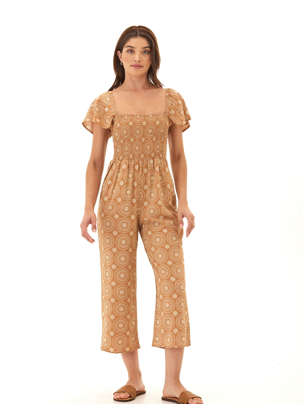 Lucille Medallion Print Woven Jumpsuit with Flutter Sleeves