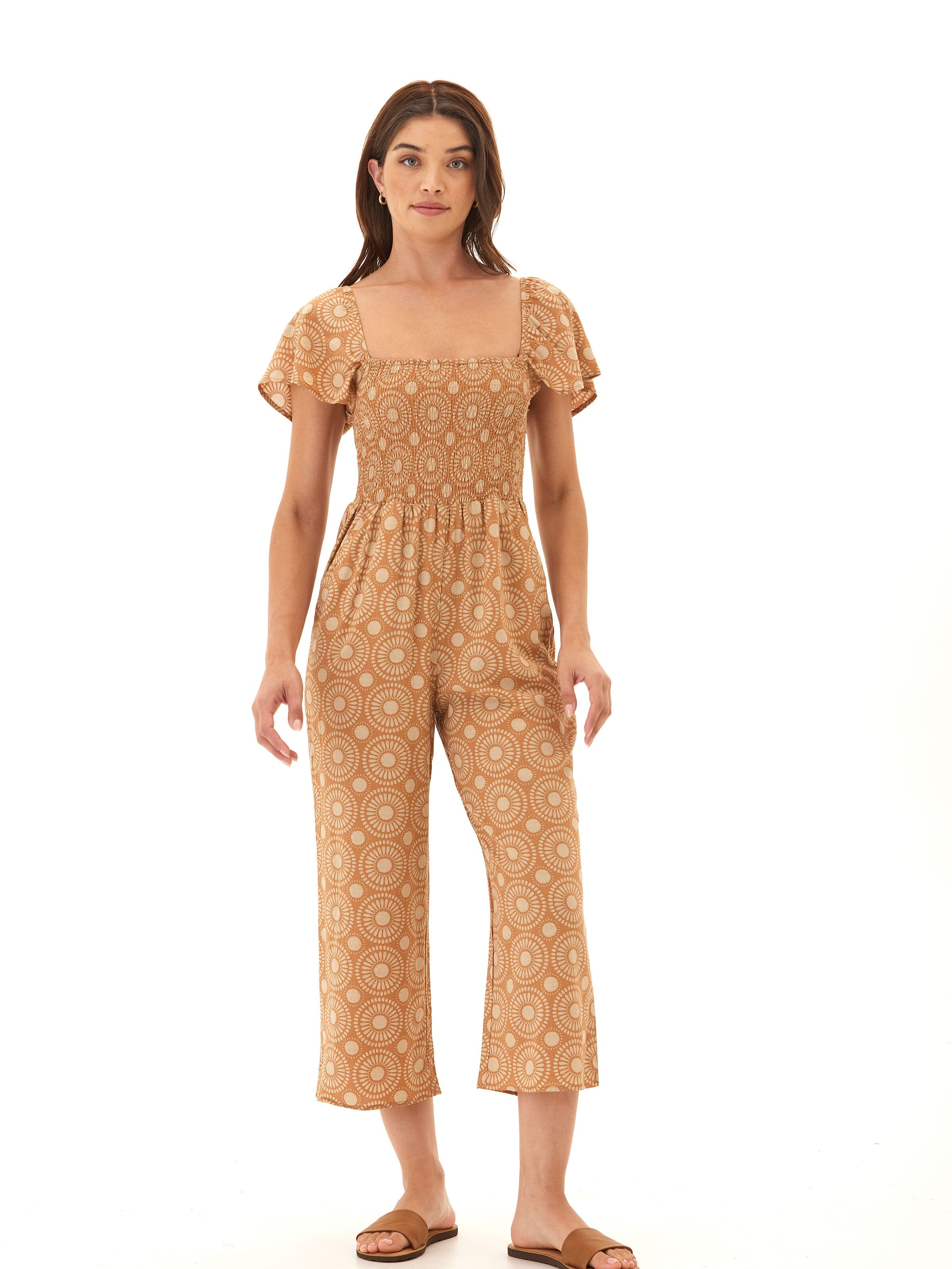 Lucille Medallion Print Woven Jumpsuit with Flutter Sleeves