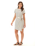 Valerie Caribbean Stripe Eco Jersey knotted waist dress in a light coastal stripe pattern