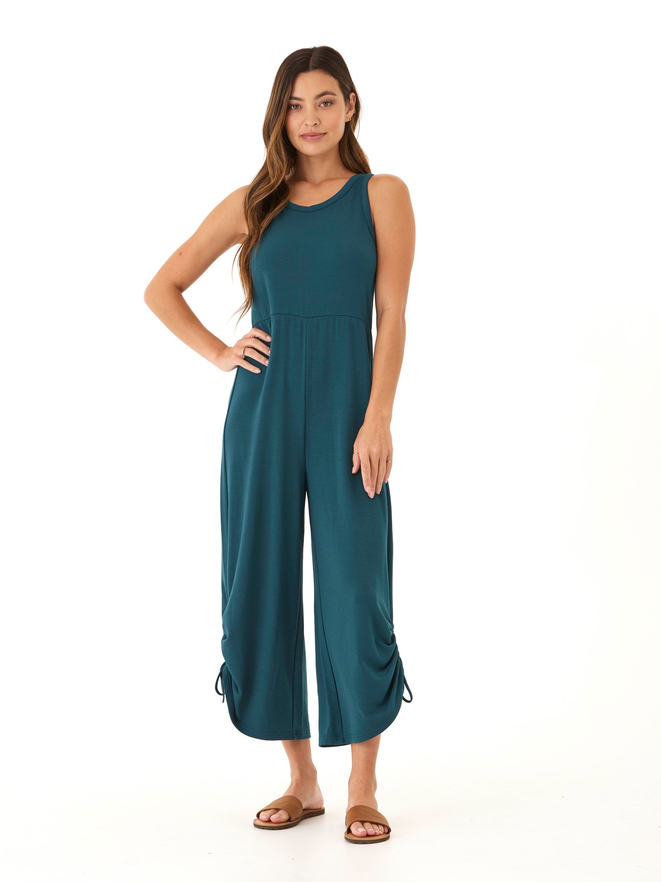 Front view of the Elise Modal Terry Jumpsuit featuring a relaxed fit and adjustable drawcord leg openings.