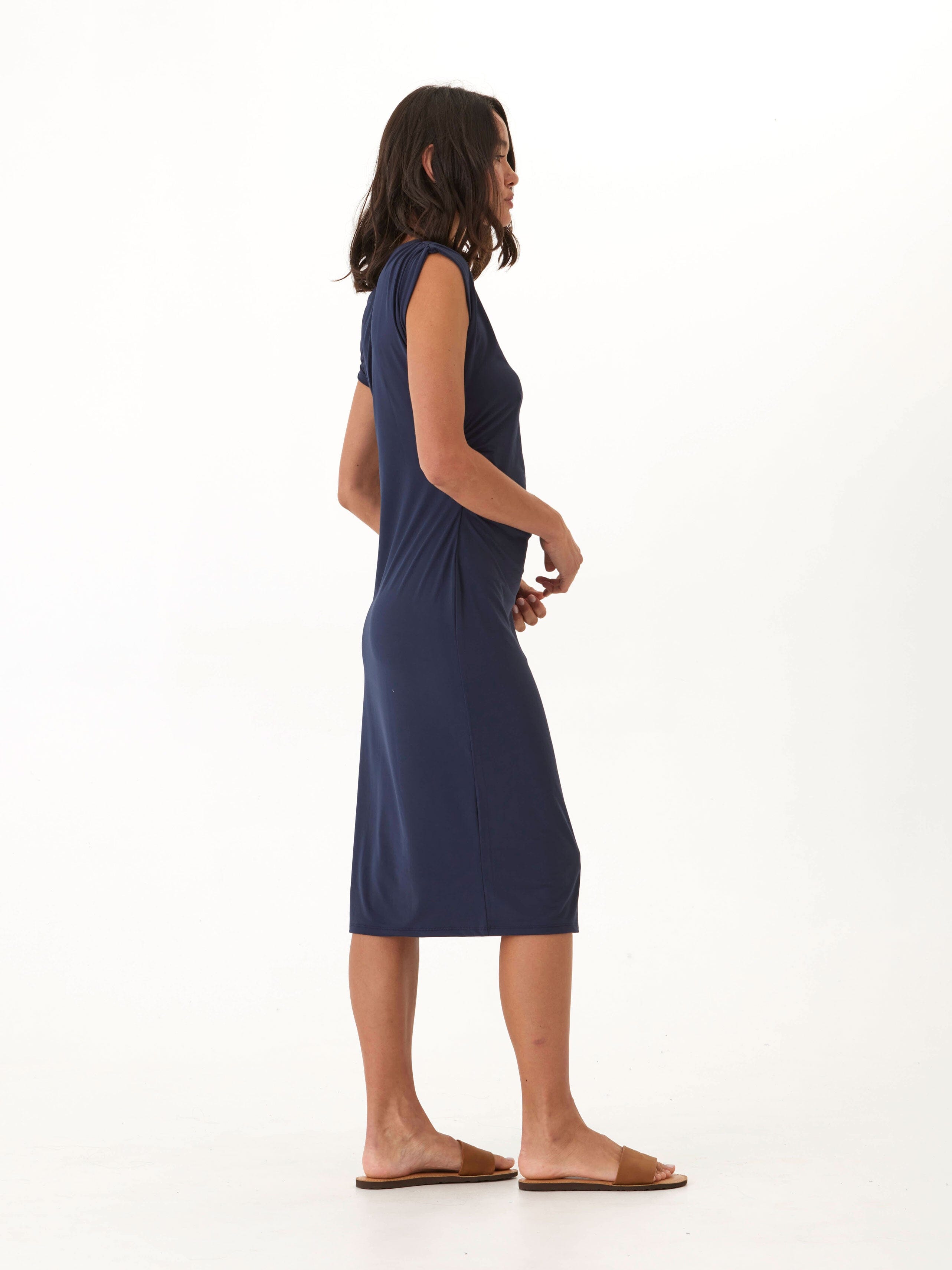 Navy Blue Luxe Jersey Ruched Midi Dress