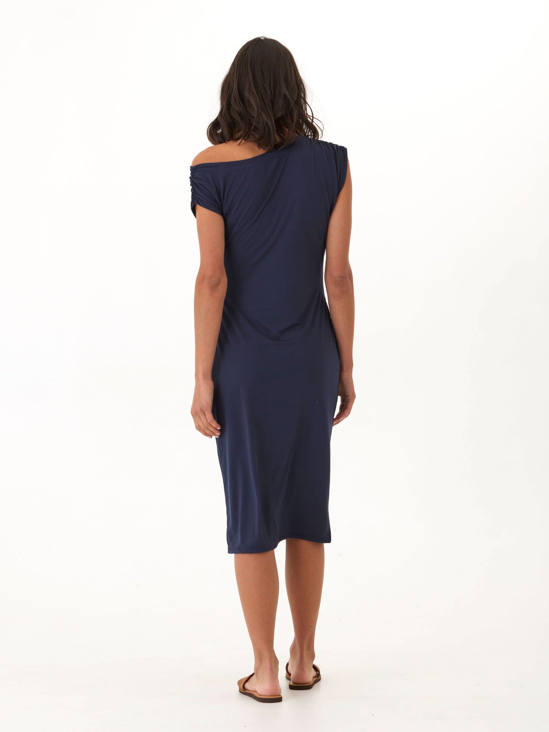 Navy Blue Luxe Jersey Ruched Midi Dress