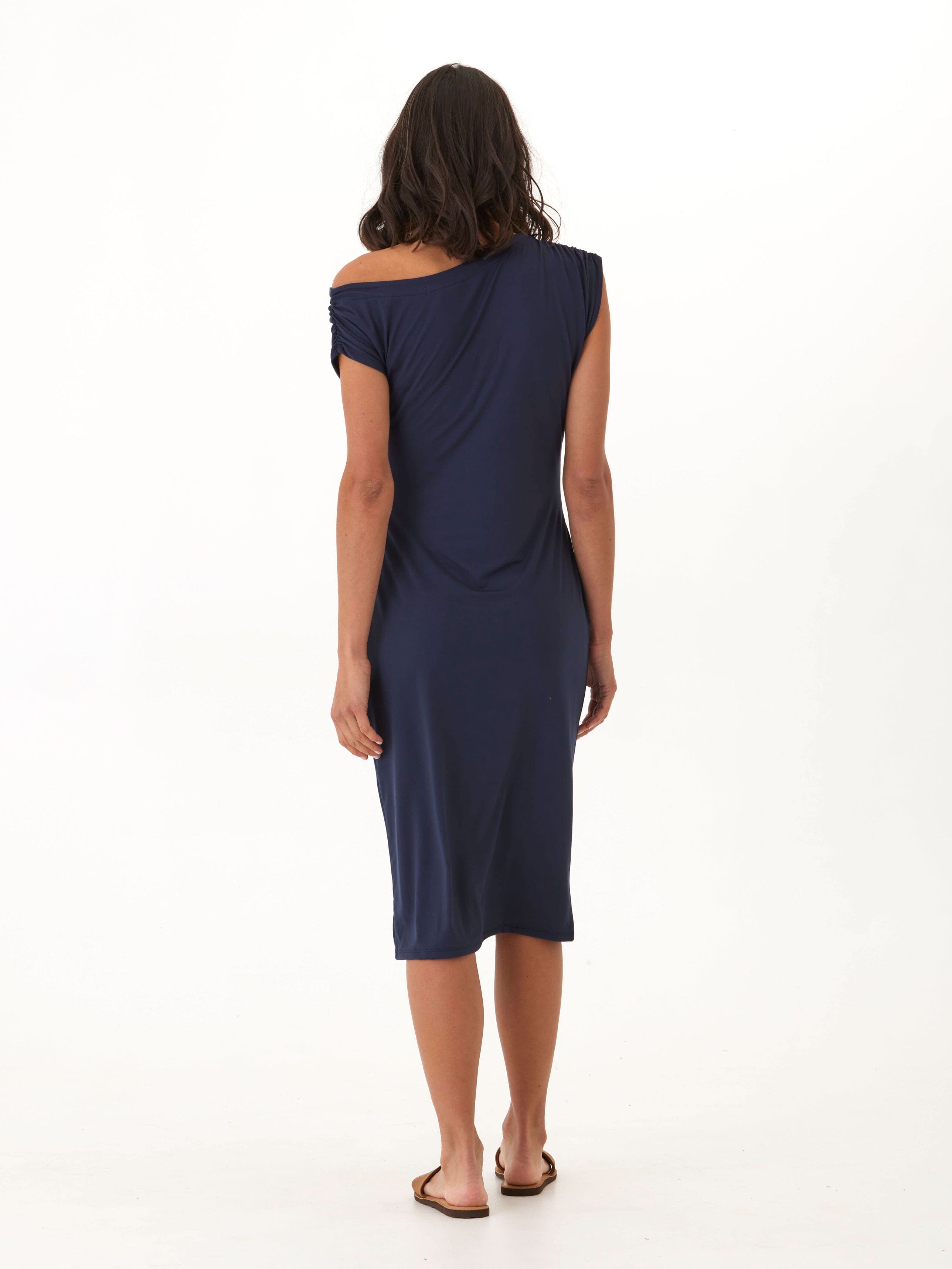 Navy Blue Luxe Jersey Ruched Midi Dress