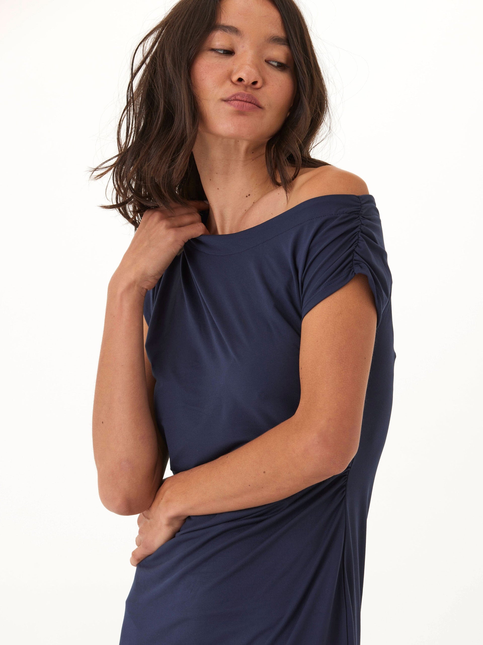Navy Blue Luxe Jersey Ruched Midi Dress