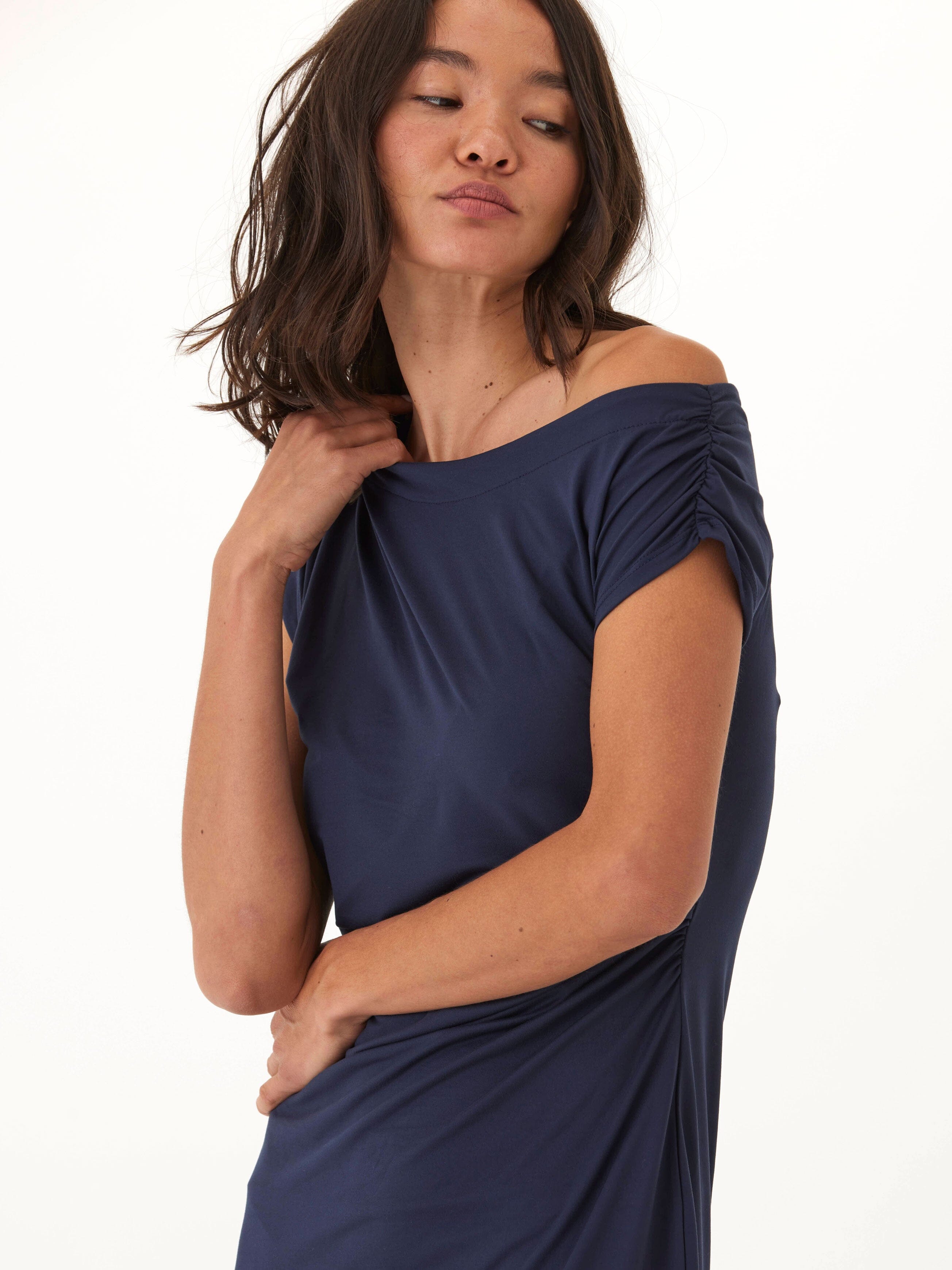 Navy Blue Luxe Jersey Ruched Midi Dress