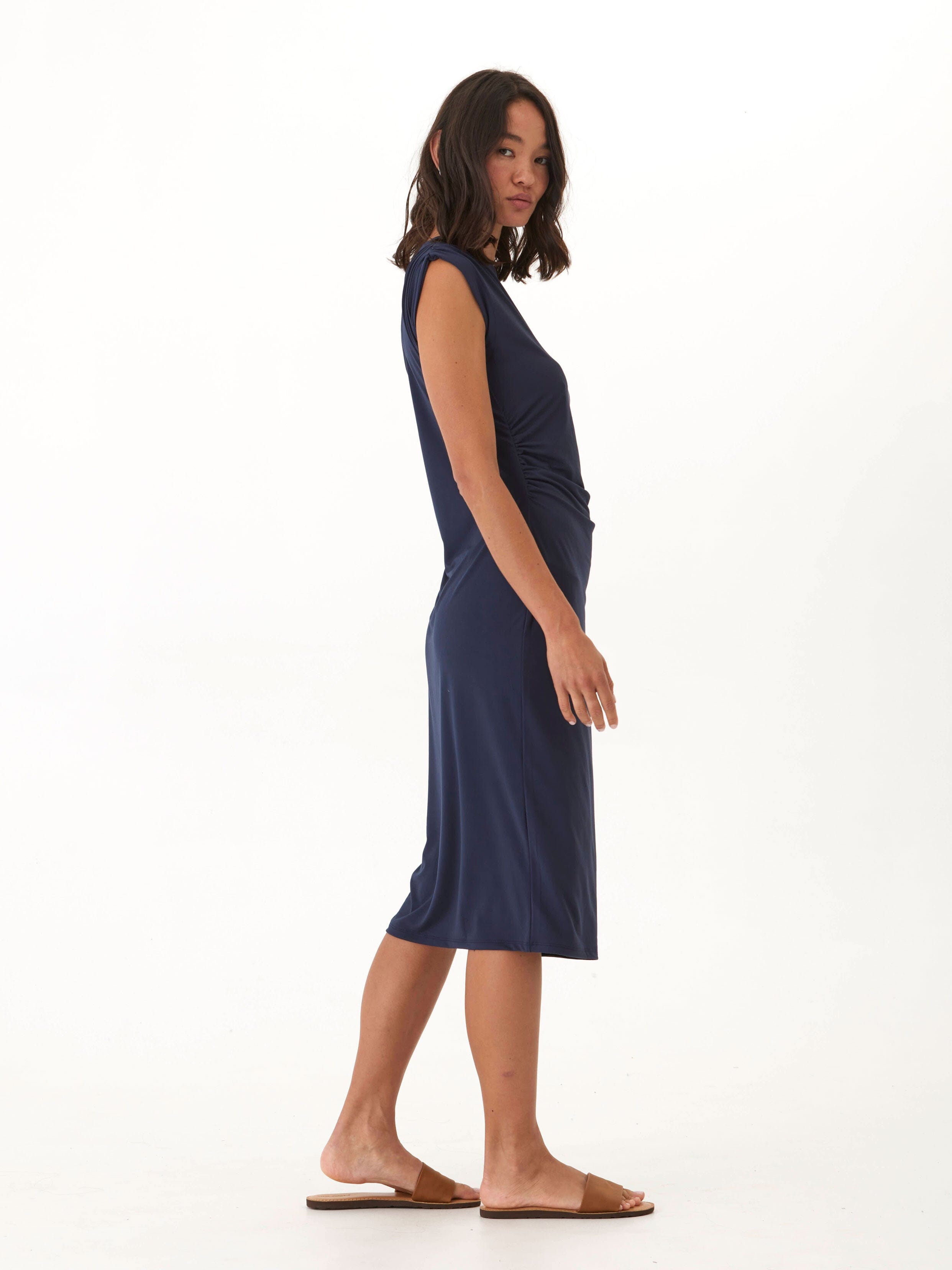 Navy Blue Luxe Jersey Ruched Midi Dress