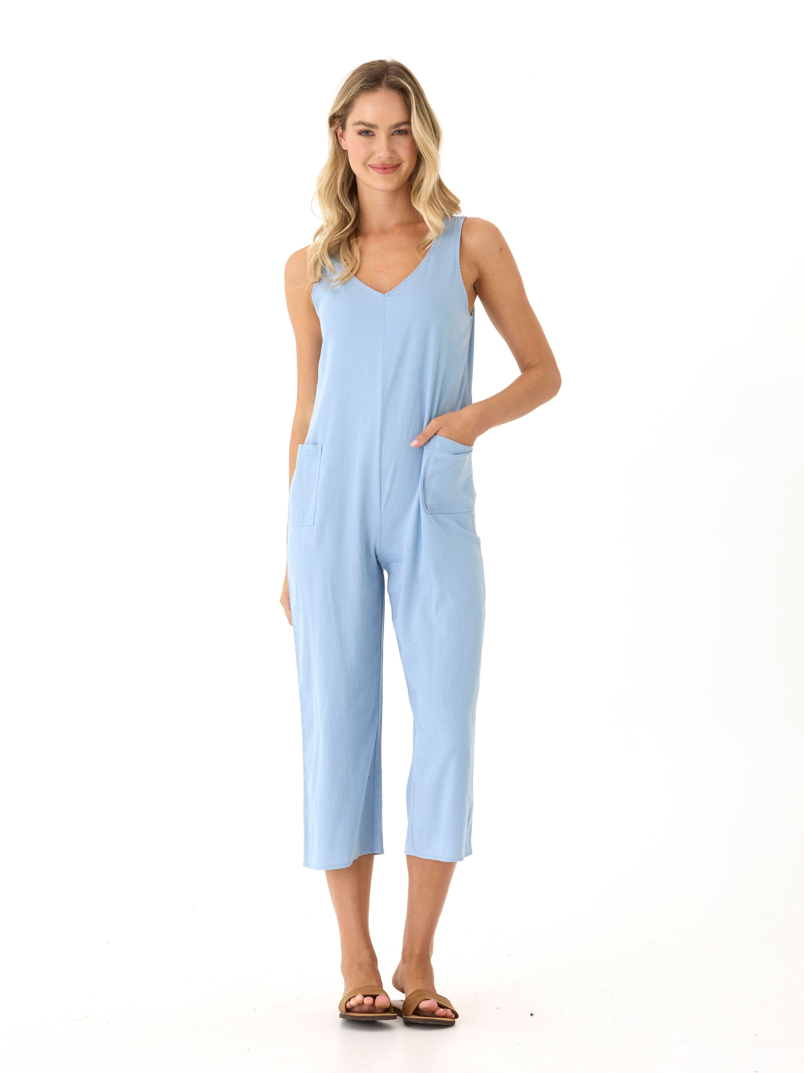 Rainey Stretch Chambray Jumpsuit in Light Blue - Relaxed Fit
