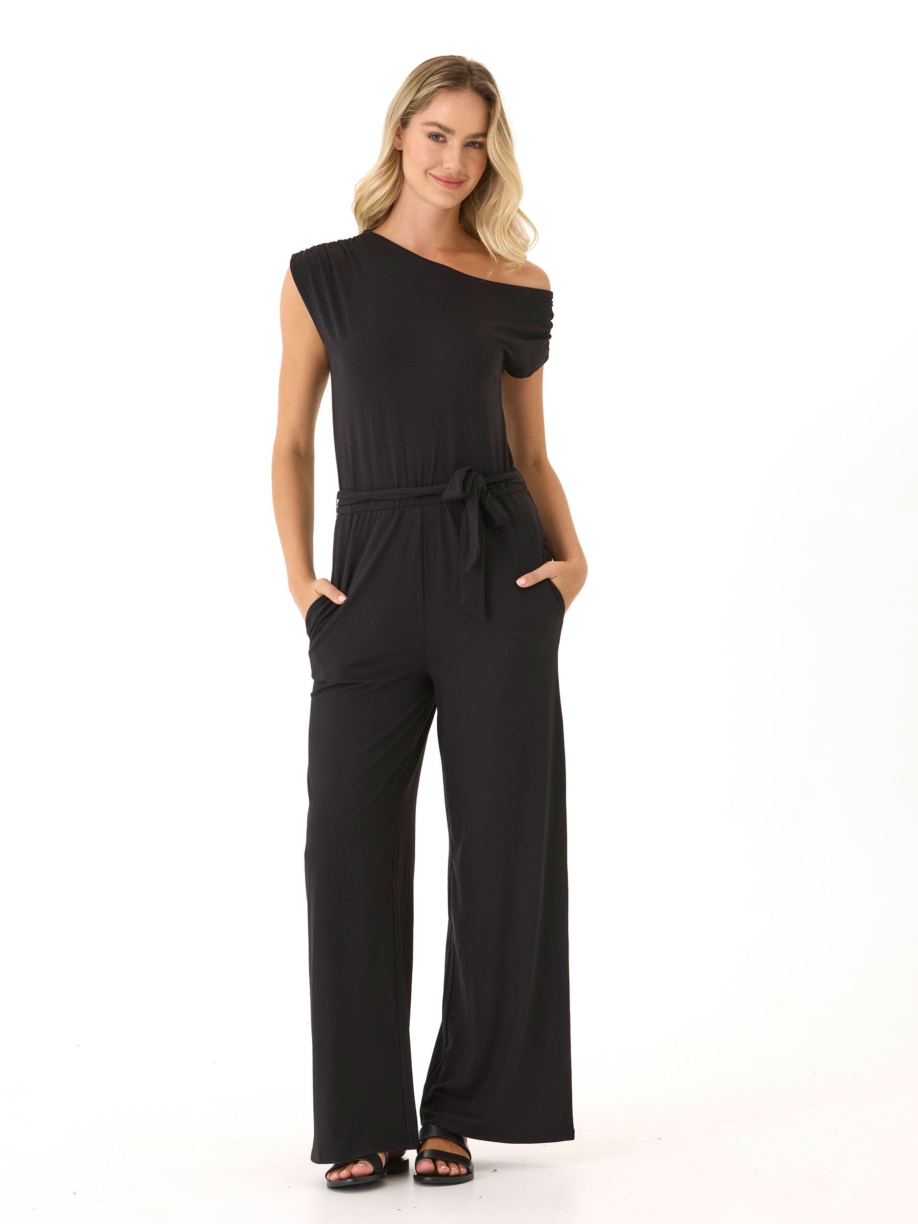Leoni Luxe Jersey Wide Leg Jumpsuit in Black - Relaxed Knit Fit
