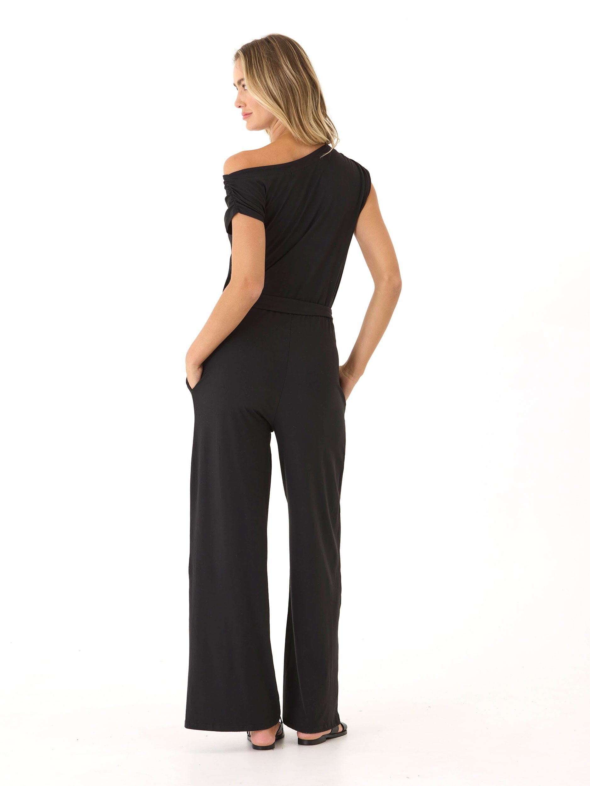 Leoni Luxe Jersey Wide Leg Jumpsuit in Black - Relaxed Knit Fit